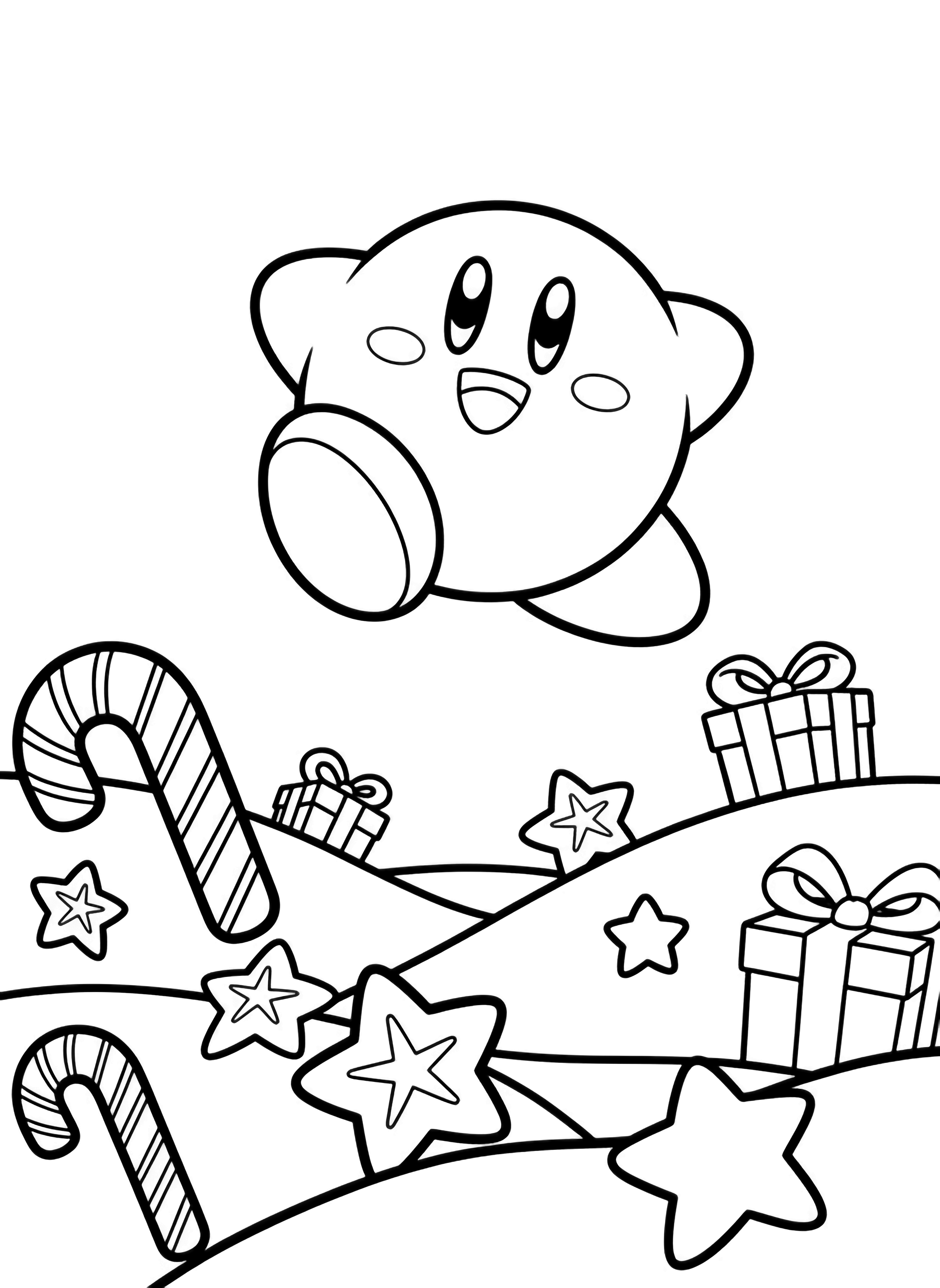 illustration on a Kirby floats mid center puffed cheeks smiling; below rolling snowy hills dotted with giant striped candy canes five point stars and ribbon tied gift boxes all outlined boldly for easy clean black kleurplaat