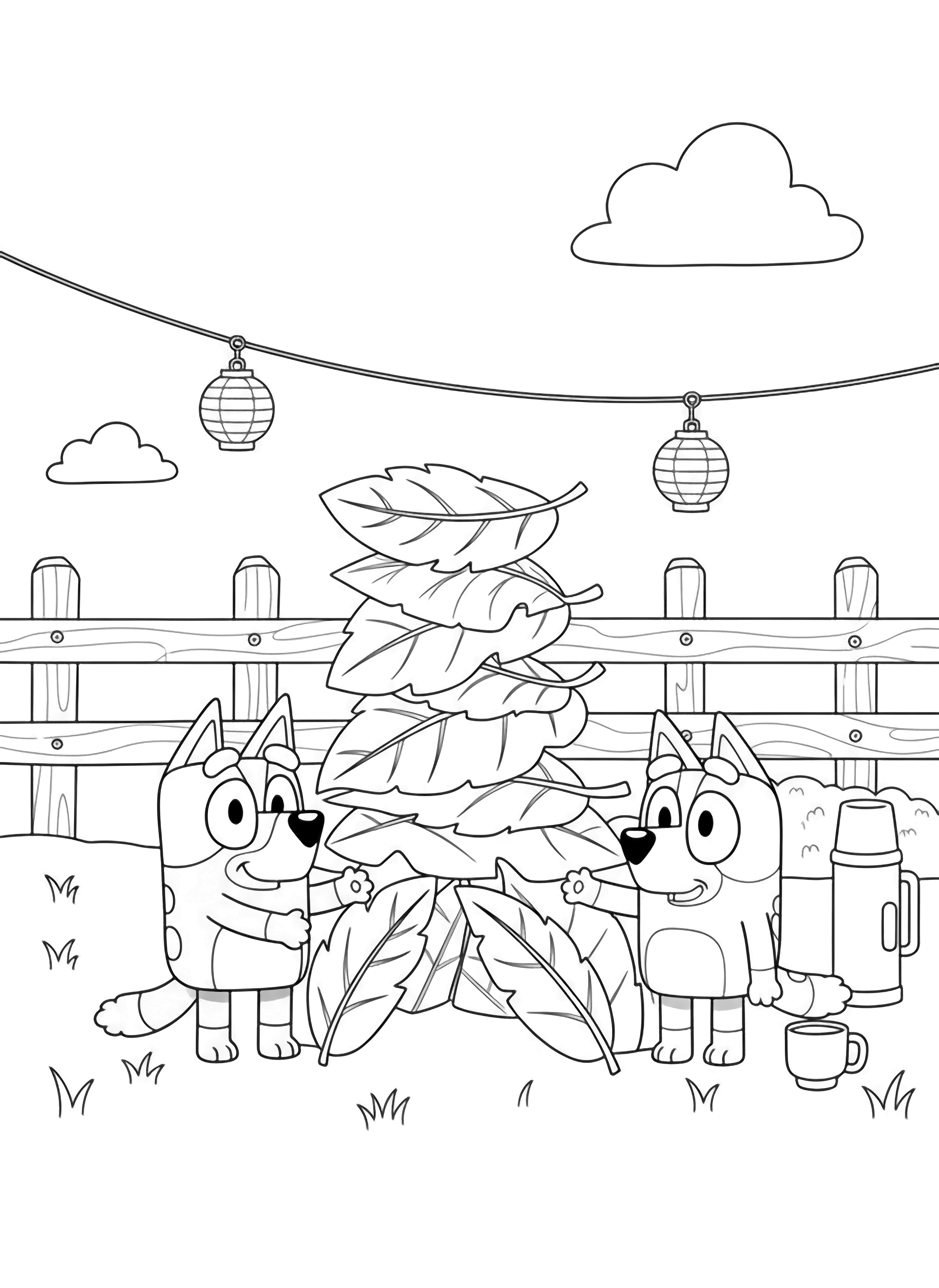 Bluey and Bingo happily build a leafy fort; nearby sit a thermos, cup, and two hanging lanterns, with sparse grass, a low fence, and one fluffy cloud above. kleurplaat