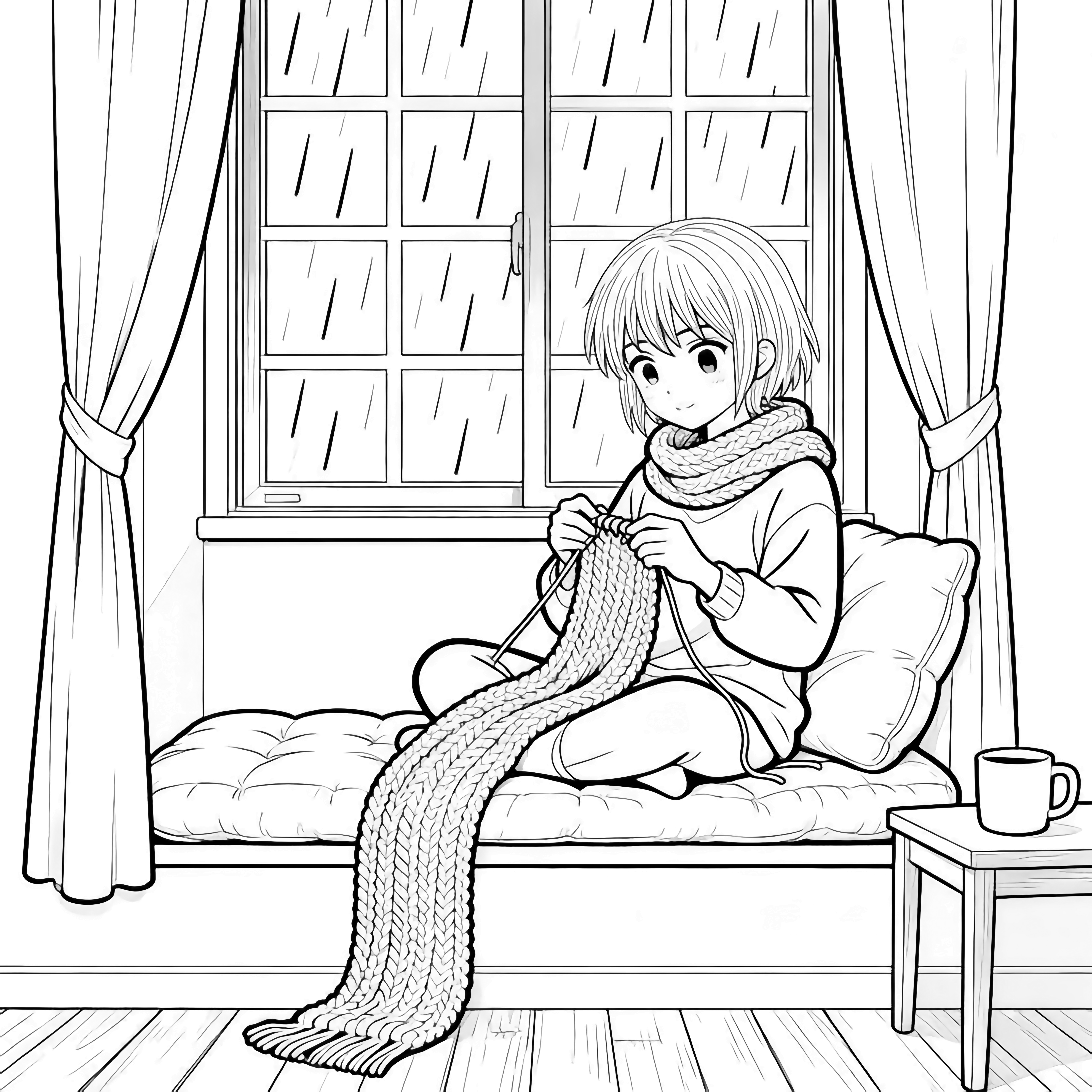 Hinata sits on a cushioned window bench knitting a long scarf; rain streaks the panes while curtains, floorboards, and a mug-topped side table complete the cozy room. kleurplaat
