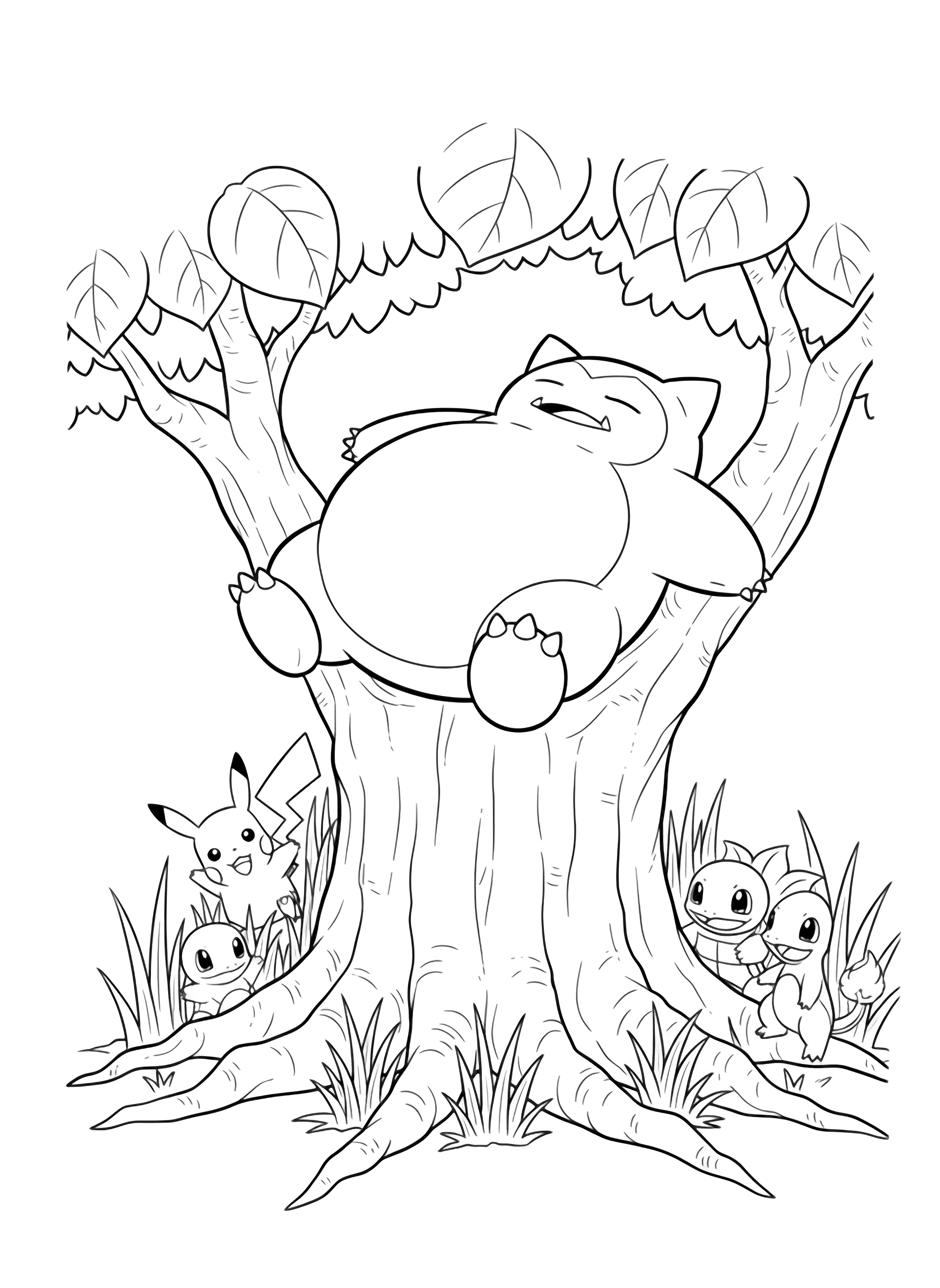 Snorlax lies belly-up on a wide tree trunk, mouth open; tiny Pokmon peek from grass around the roots while large leaves arch above. kleurplaat