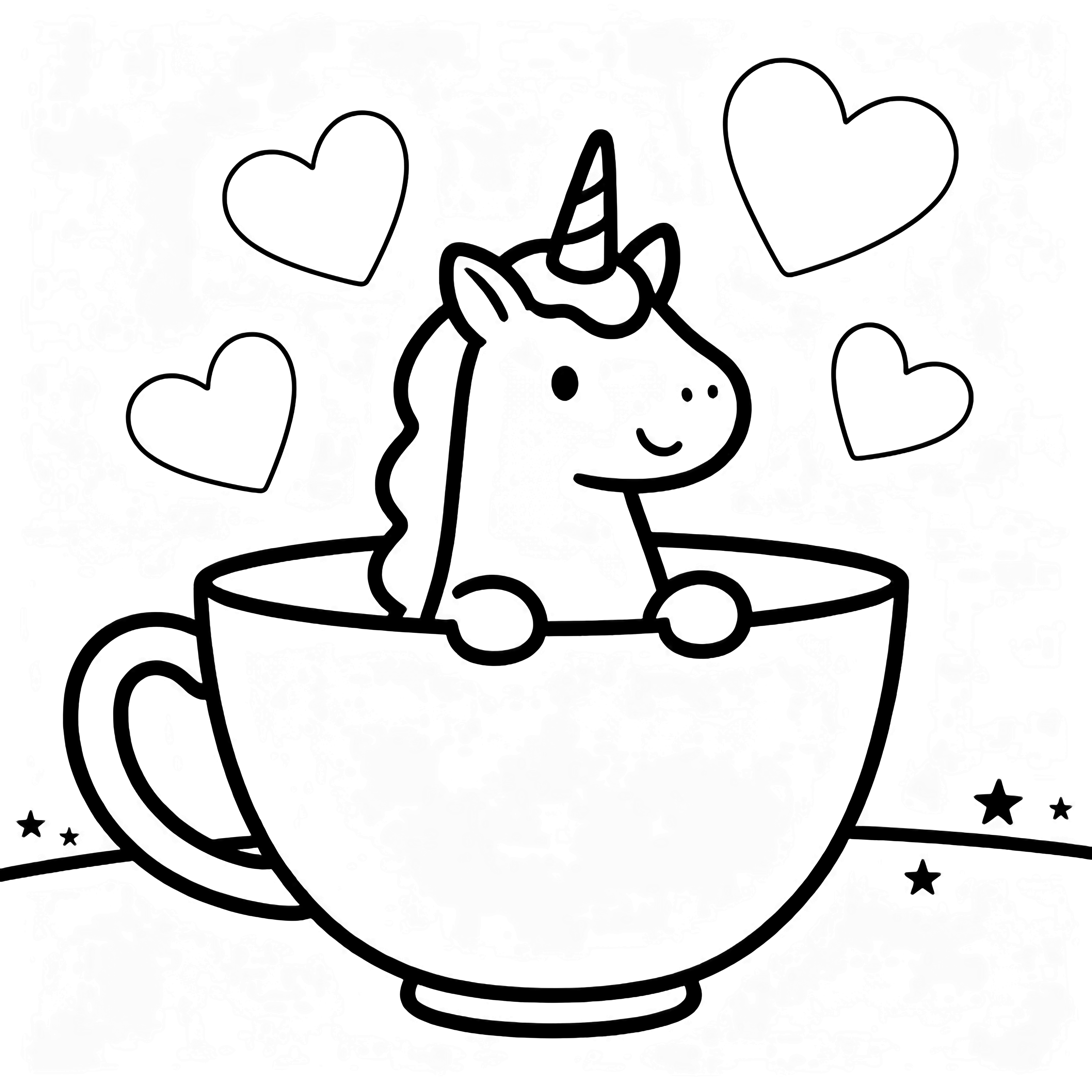 A smiling unicorn sits inside a giant teacup, surrounded by floating hearts, tiny stars, and a horizon line. kleurplaat