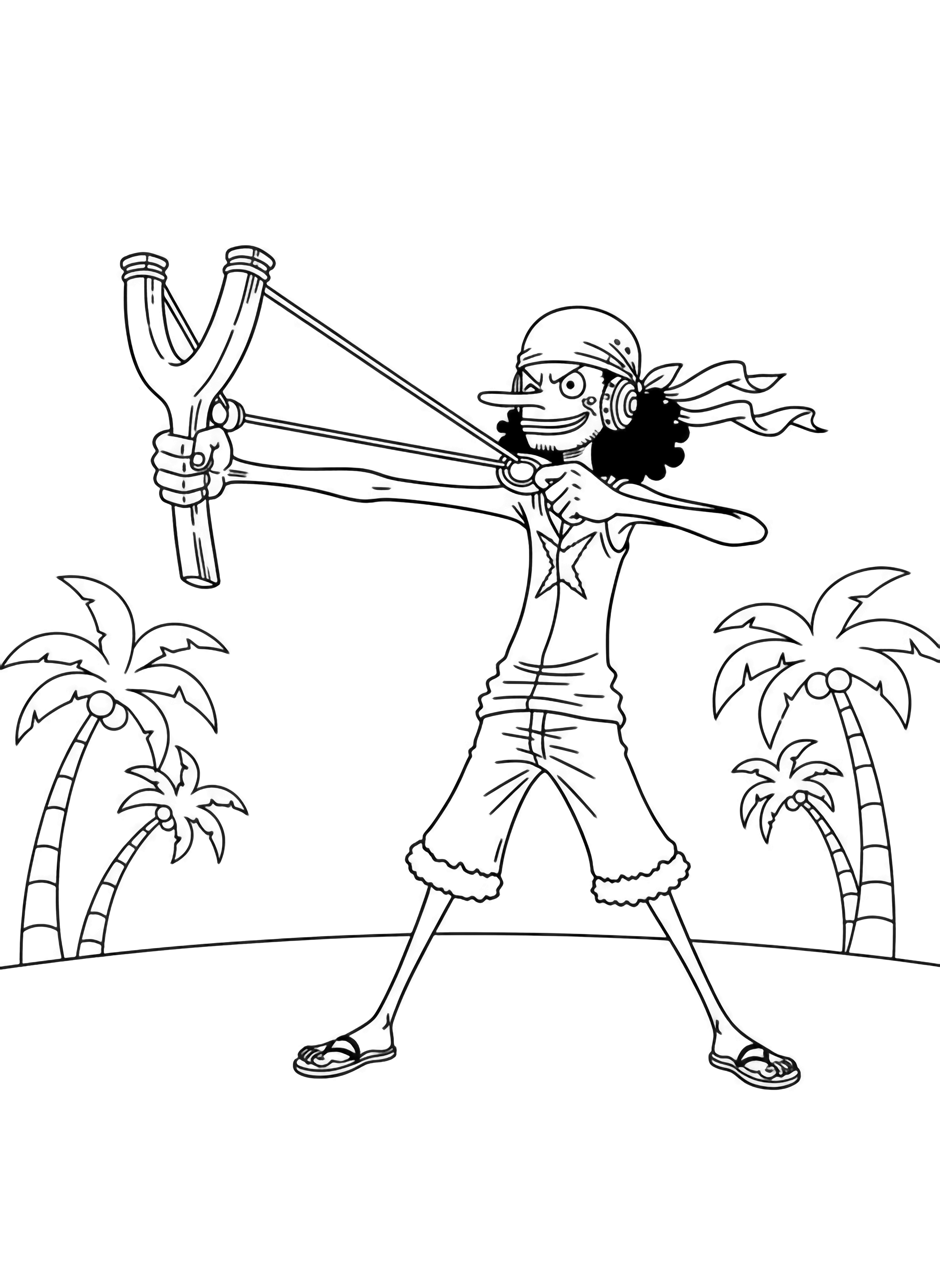 Usopp stands proudly with an oversized slingshot, skinny limbs, long nose, fluttering pirate bandanna, framed by palm trees and a tiny distant ship. kleurplaat