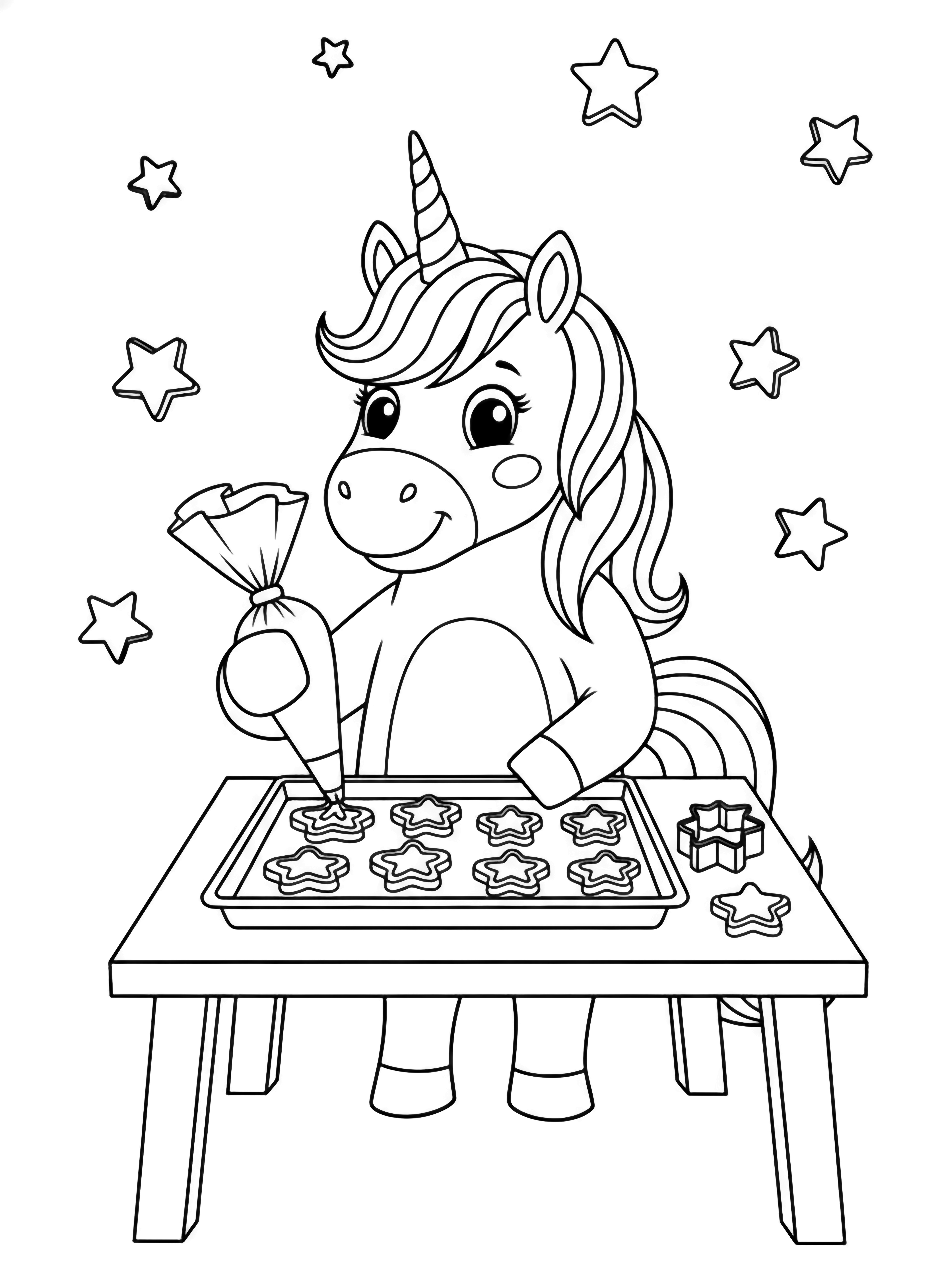 A smiling unicorn decorates cookies with star icing at a low table, surrounded by a cookie cutter and floating stars. kleurplaat