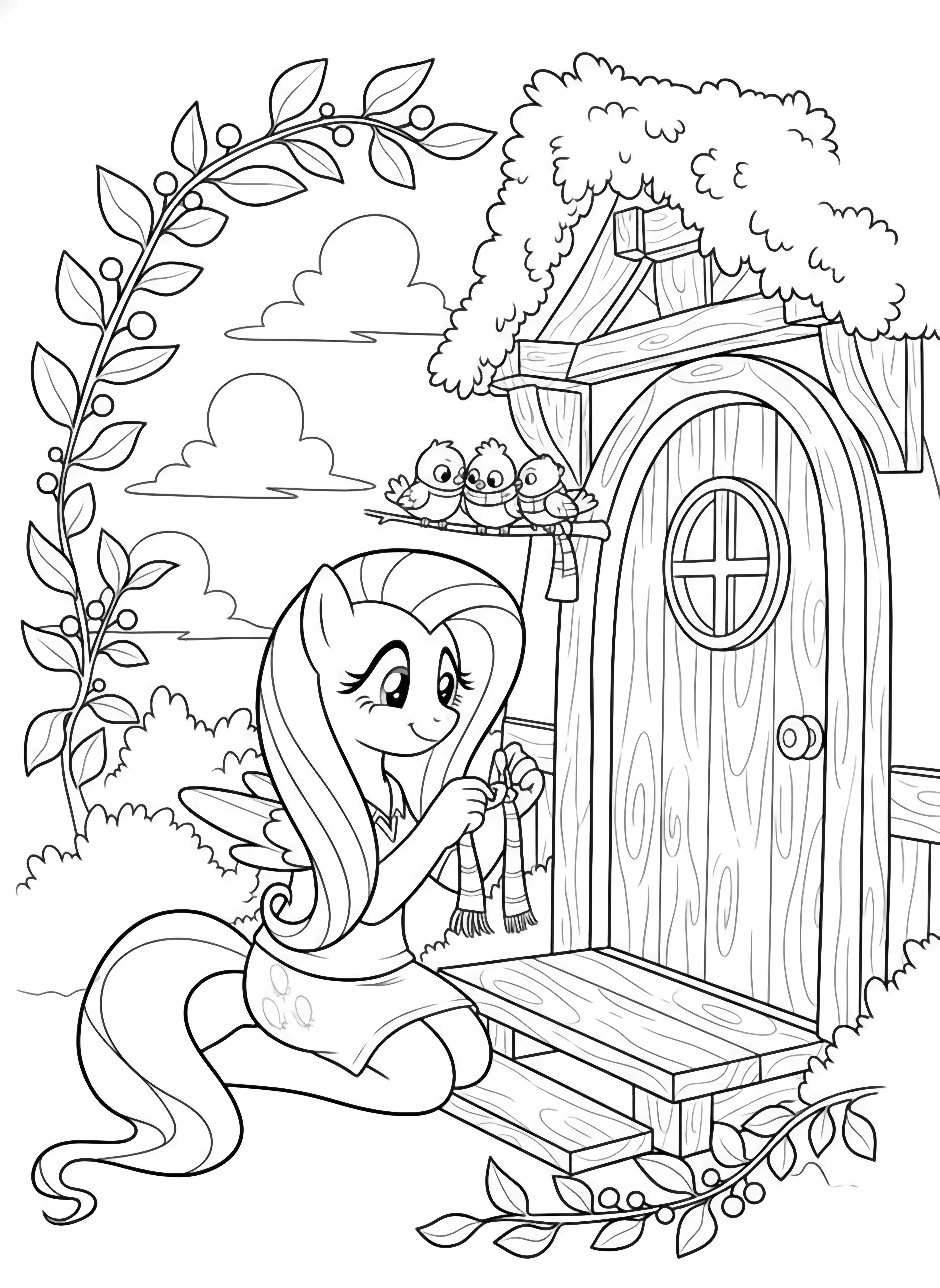 Fluttershy kneels at her cottage door, tying scarves on three perched birds; leafy branch border and drifting clouds frame the scene. kleurplaat