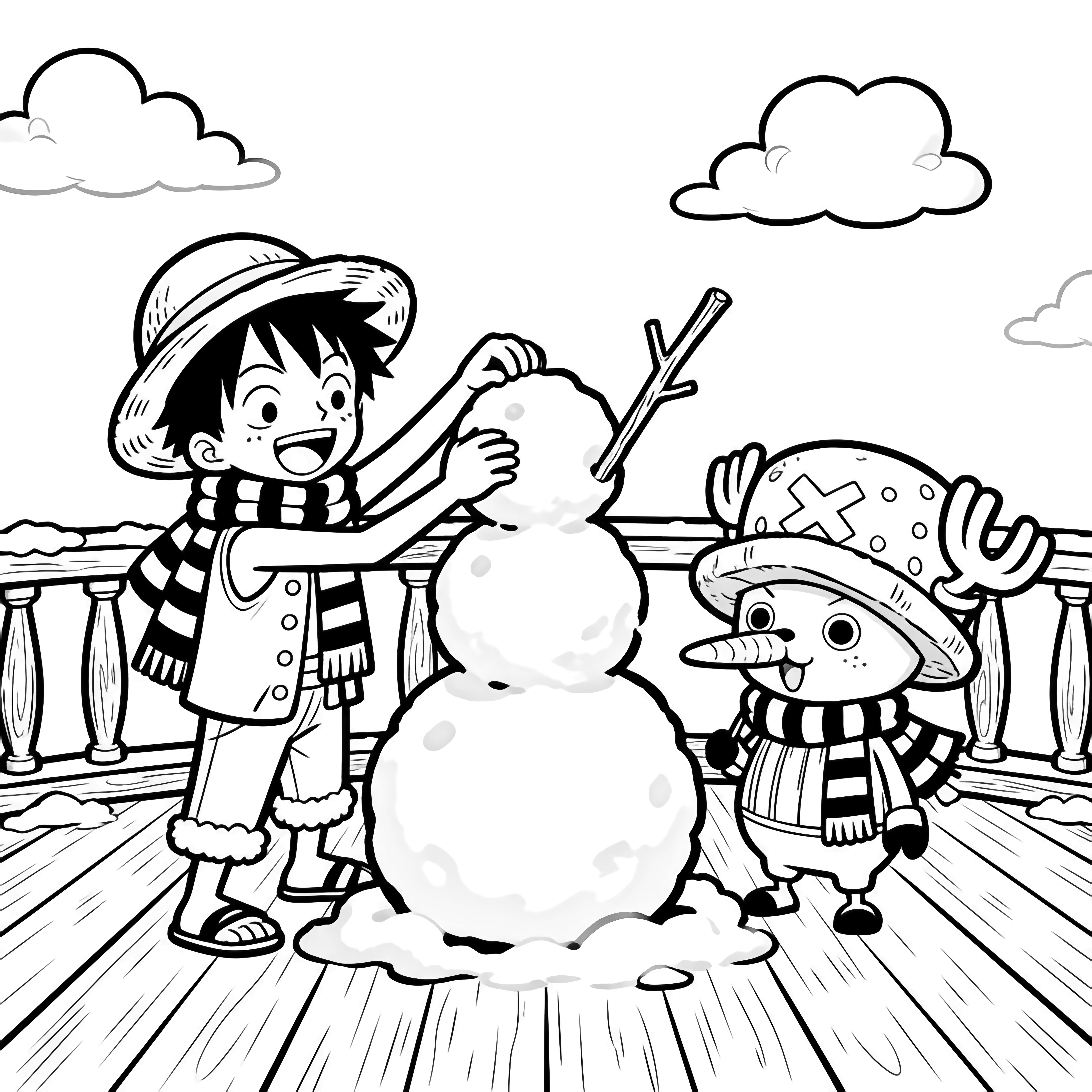 Luffy en Chopper bouwen een sneeuwman op het dek van de Sunny, allebei met gestreepte sjaals; Luffy voegt een stokarm toe, Chopper houdt een wortelneus vast, met reling en wolkige wolken op de achtergrond. kleurplaat