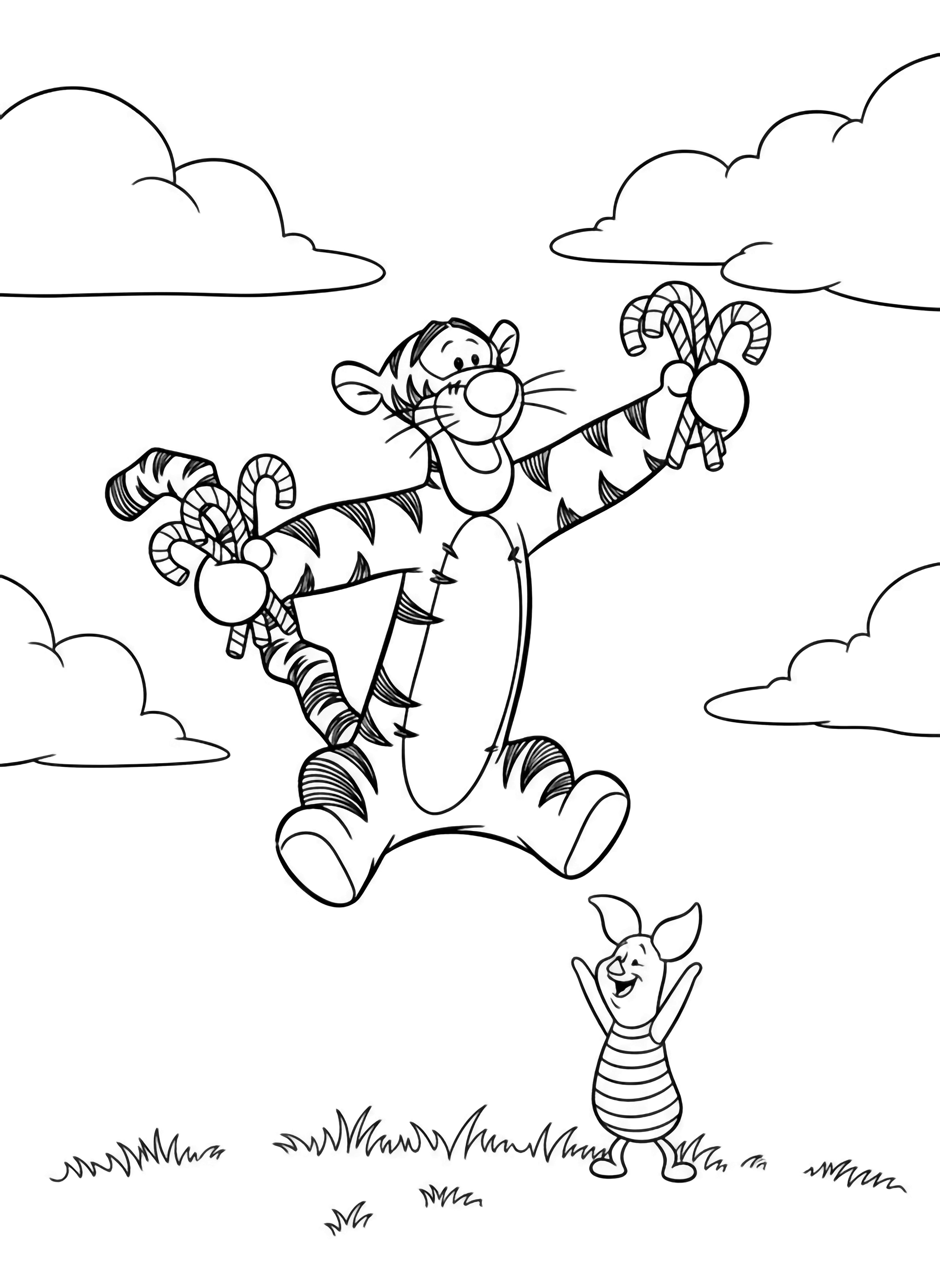 Tigger mid-bounce offering candy canes to Pooh, with simple grass and fluffy clouds around them. kleurplaat