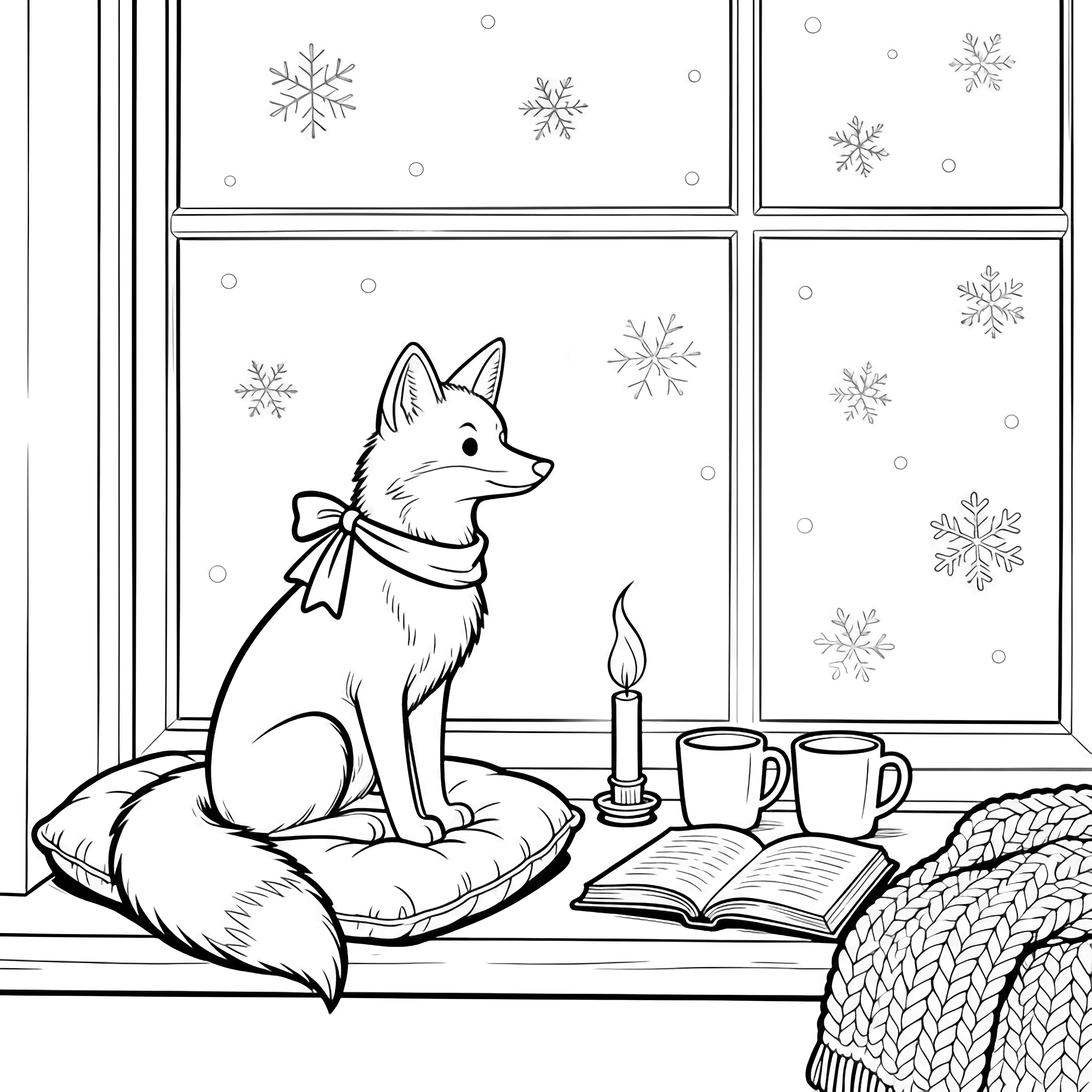 A fox sits on a cushioned window sill; snowflakes are etched on the pane, a candle flickers, empty mugs, an open book and a knit blanket rest nearby. kleurplaat