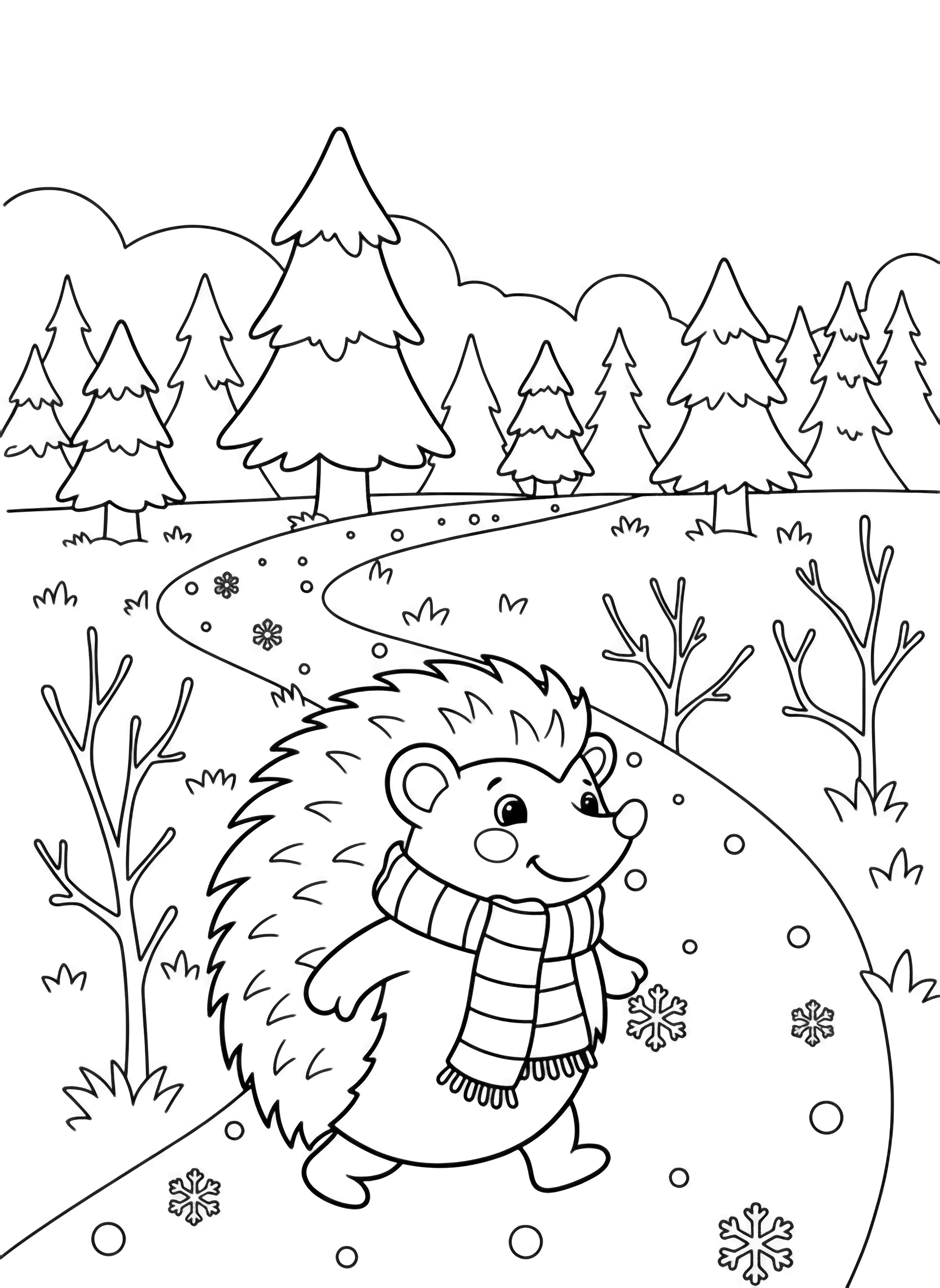 A cheerful hedgehog in a striped scarf walks a snowy forest trail among evergreens, bare twigs, and drifting snowflakes. kleurplaat