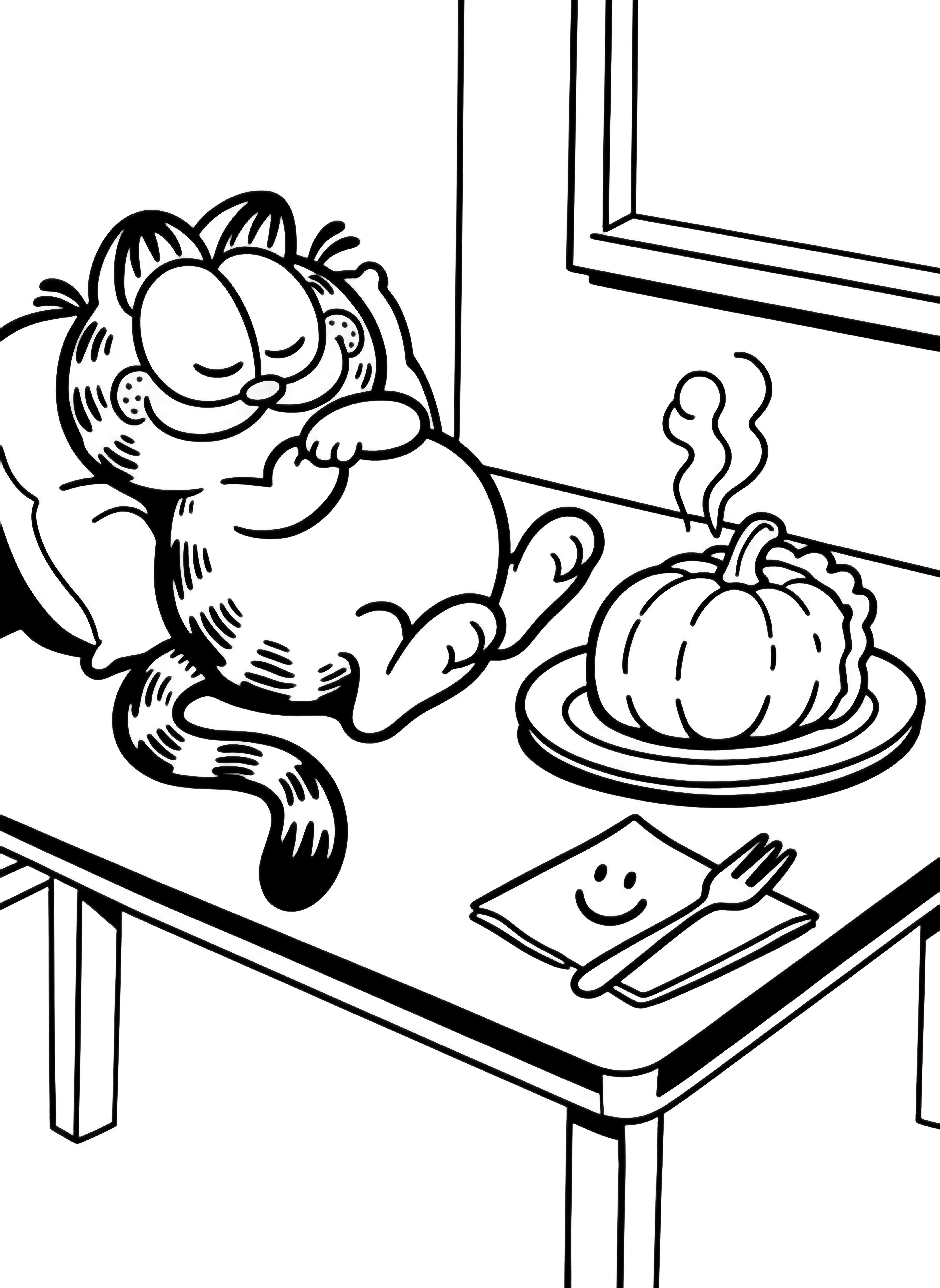 Garfield curled asleep on a cushion, tail wrapped, plump belly showing; a steaming pumpkin pie on a plate with fork and smiley napkin on a simple table against a blank wall. kleurplaat