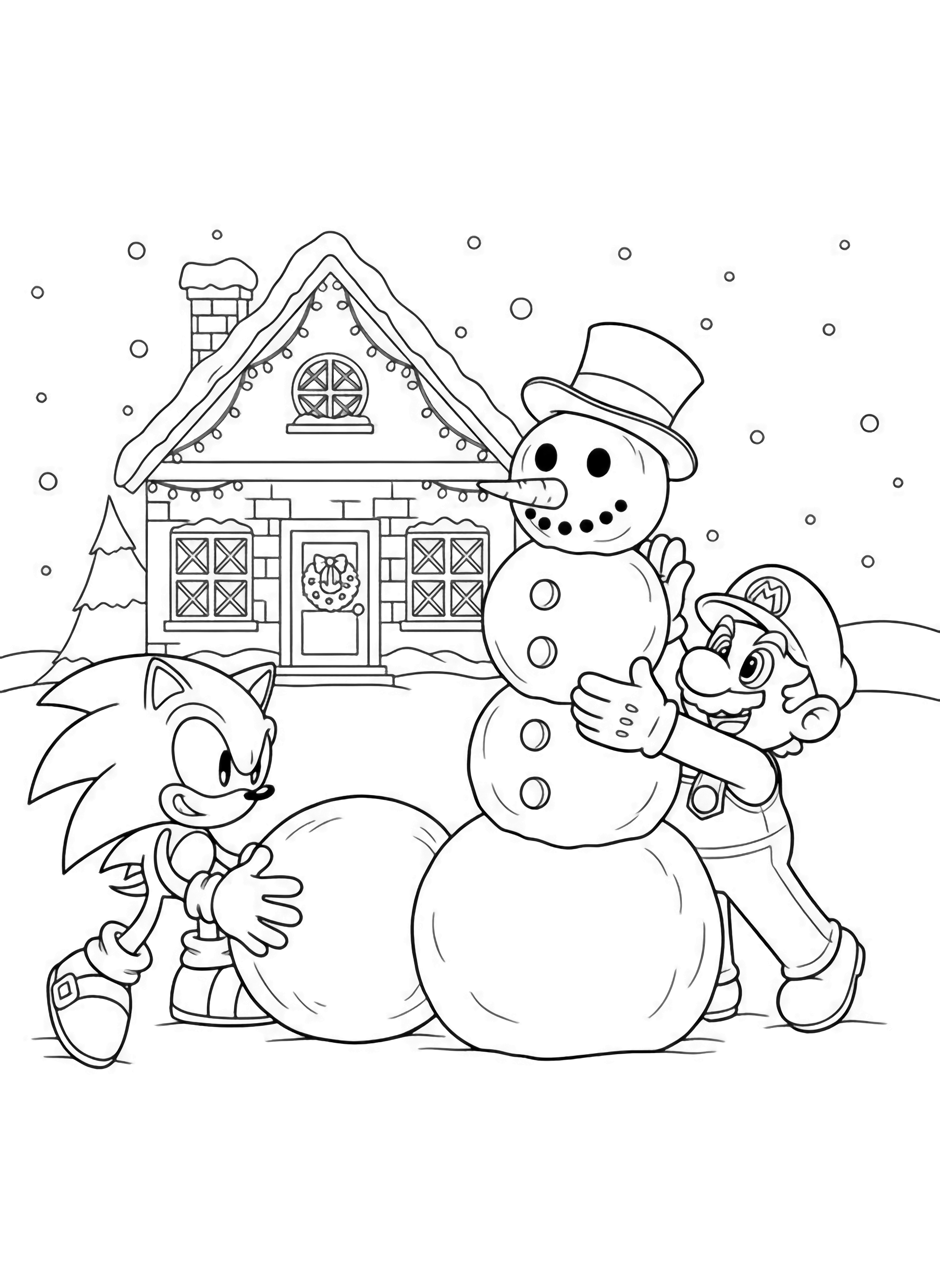 illustration on a Sonic rolls a big snowball while Mario stacks the middle; both smile at their finished snowman wearing a top hat Simple cottage behind shows hanging lights wreaths on door light snowflakes drifting clean black kleurplaat