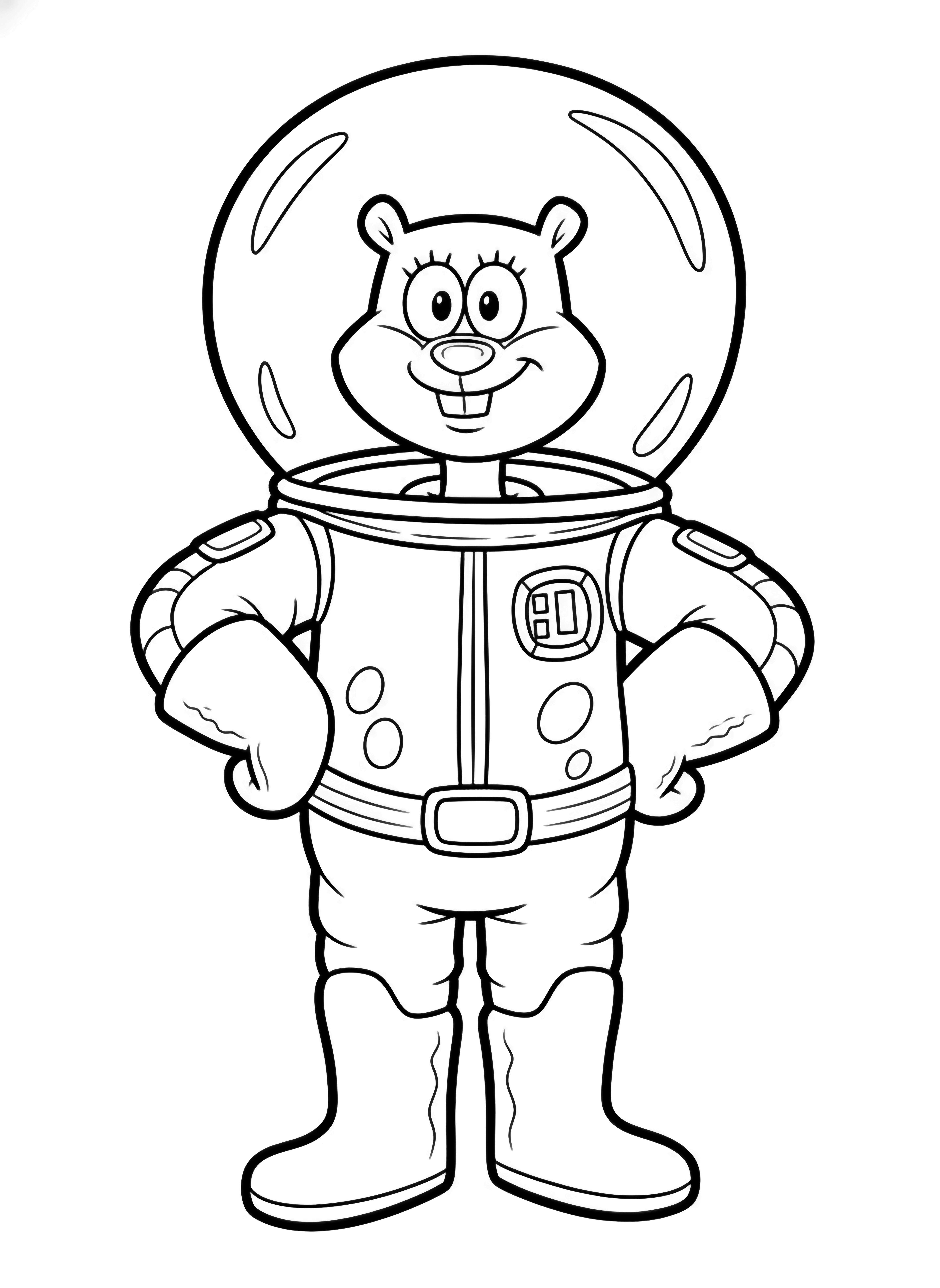 Sandy Cheeks in a puffy space helmet, gloved hands on hips, big friendly smile kleurplaat
