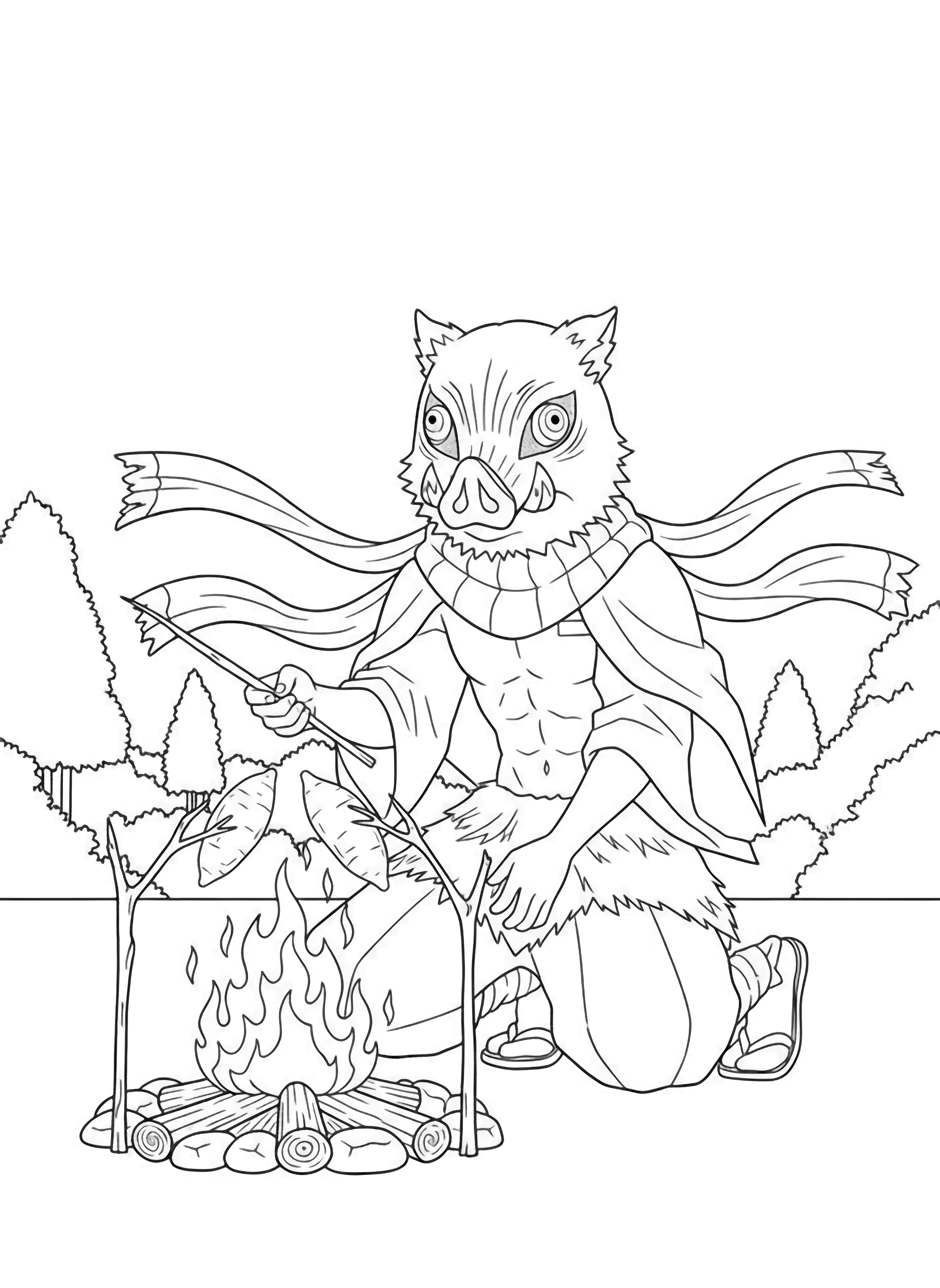Inosuke kneels beside a campfire, roasting two sweet potatoes on a stick, his jagged mask scarf fluttering, simple trees behind. kleurplaat