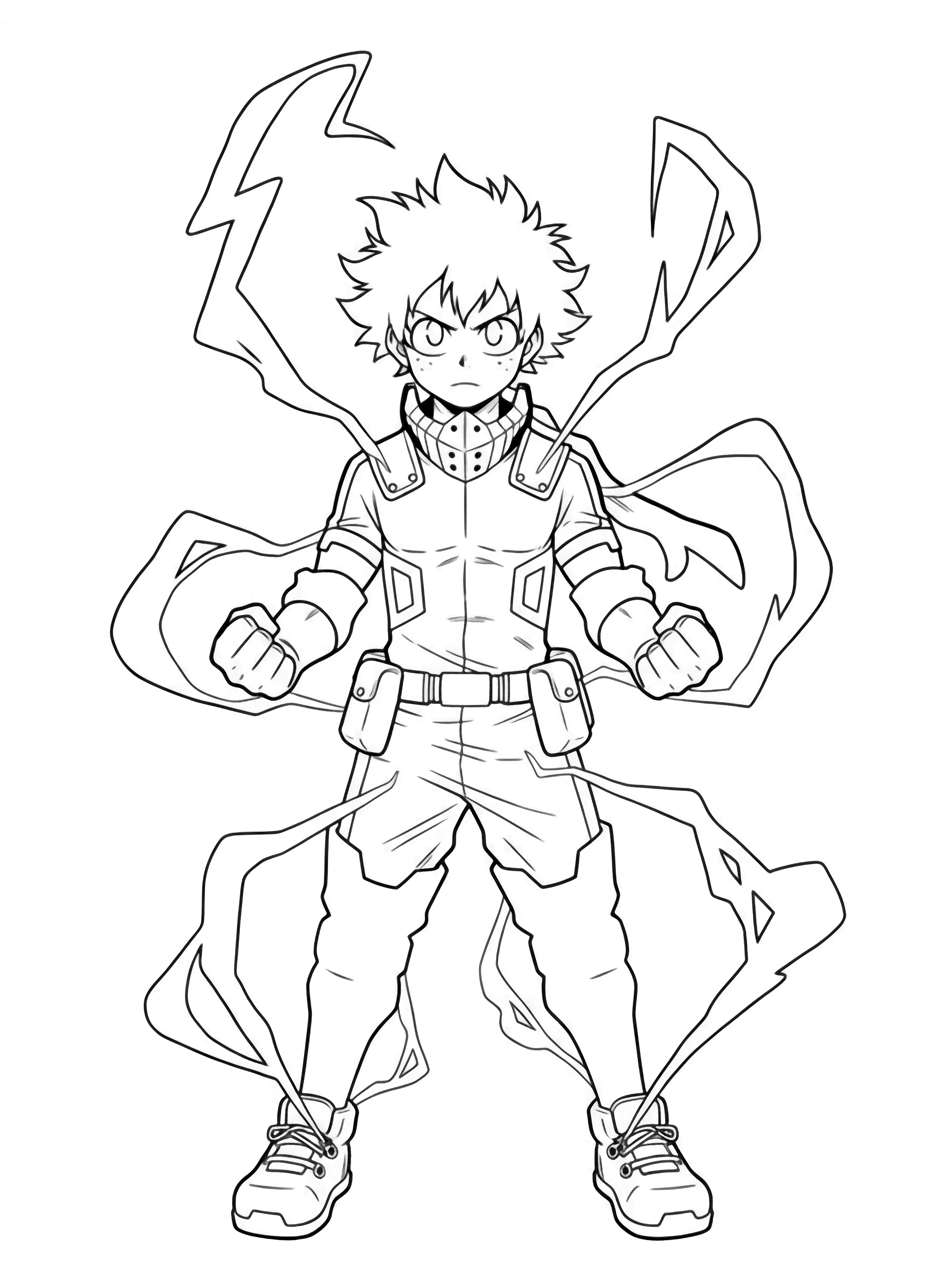 Young hero Deku stands centered, fists clenched, hair spiking upward, surrounded by crackling lightning bolts, big loops, and stars. kleurplaat