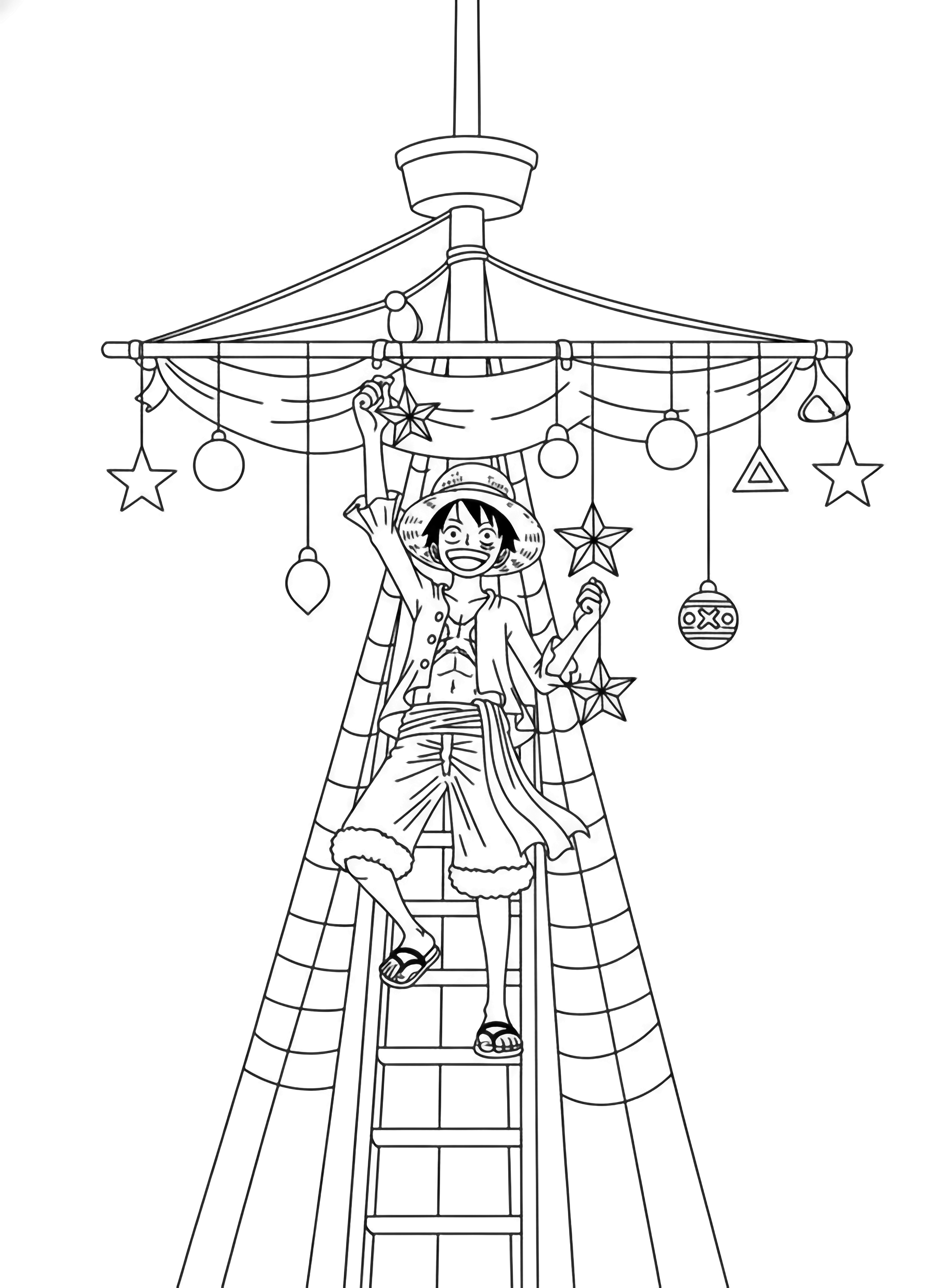 Luffy stands on a ladder decorating the mast with stars and ornaments, framed by simple rigging. kleurplaat