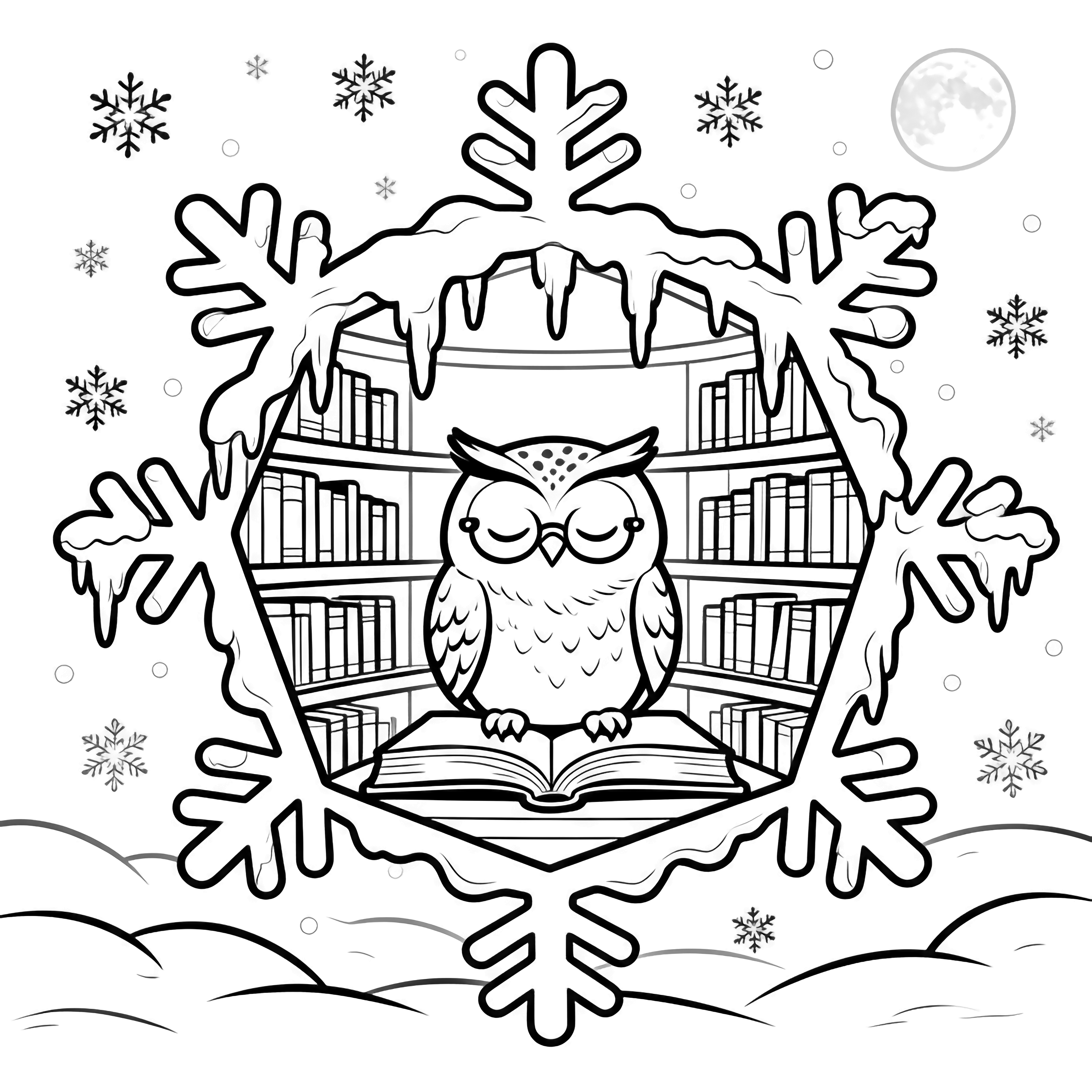 A drowsy bespectacled owl perched on an open book inside a snowflake-shaped library, curved icicle shelves overhead, drifting snowflakes, gentle moon. kleurplaat