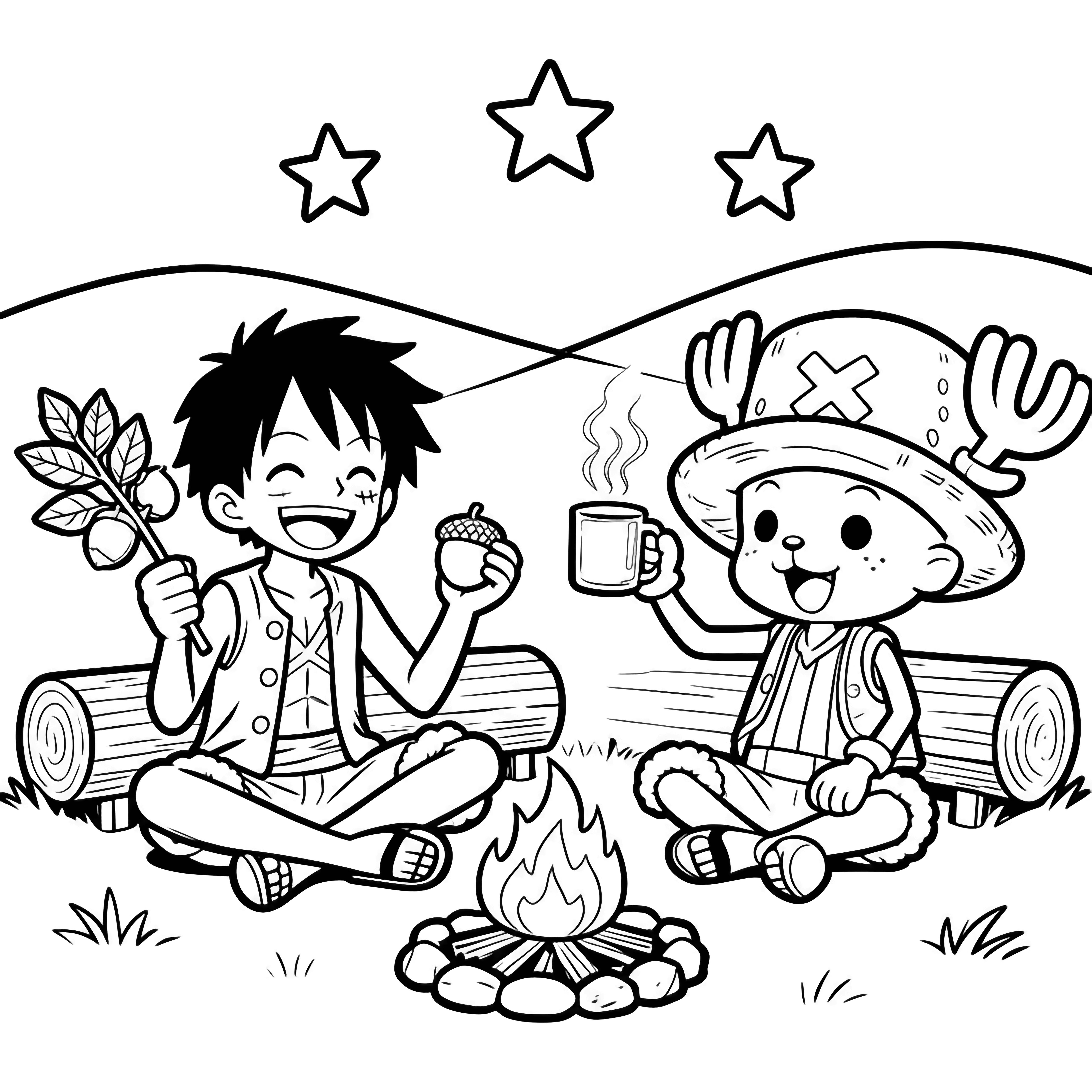 Luffy and Chopper sit cross-legged by a campfire; Luffy holds a chestnut branch, Chopper lifts a steaming mug. Behind them, a log bench, three stars, and rolling hills. kleurplaat
