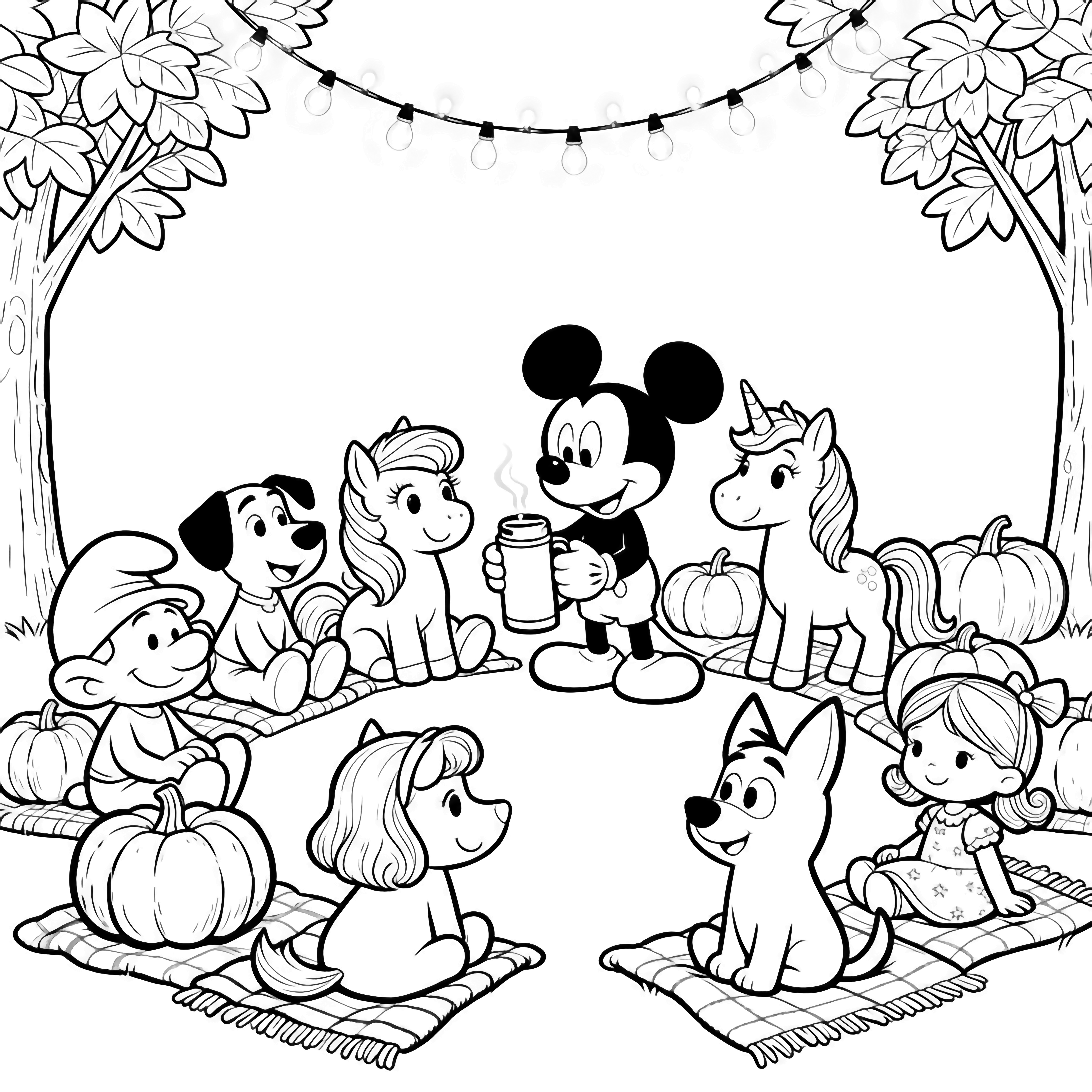 Mickey opens a cocoa thermos while Smurfs, pups, unicorns, ponies, Bluey and dolls sit in a pumpkin-and-blanket circle under fairy-light garlands, all smiling amid simple leafy trees. kleurplaat