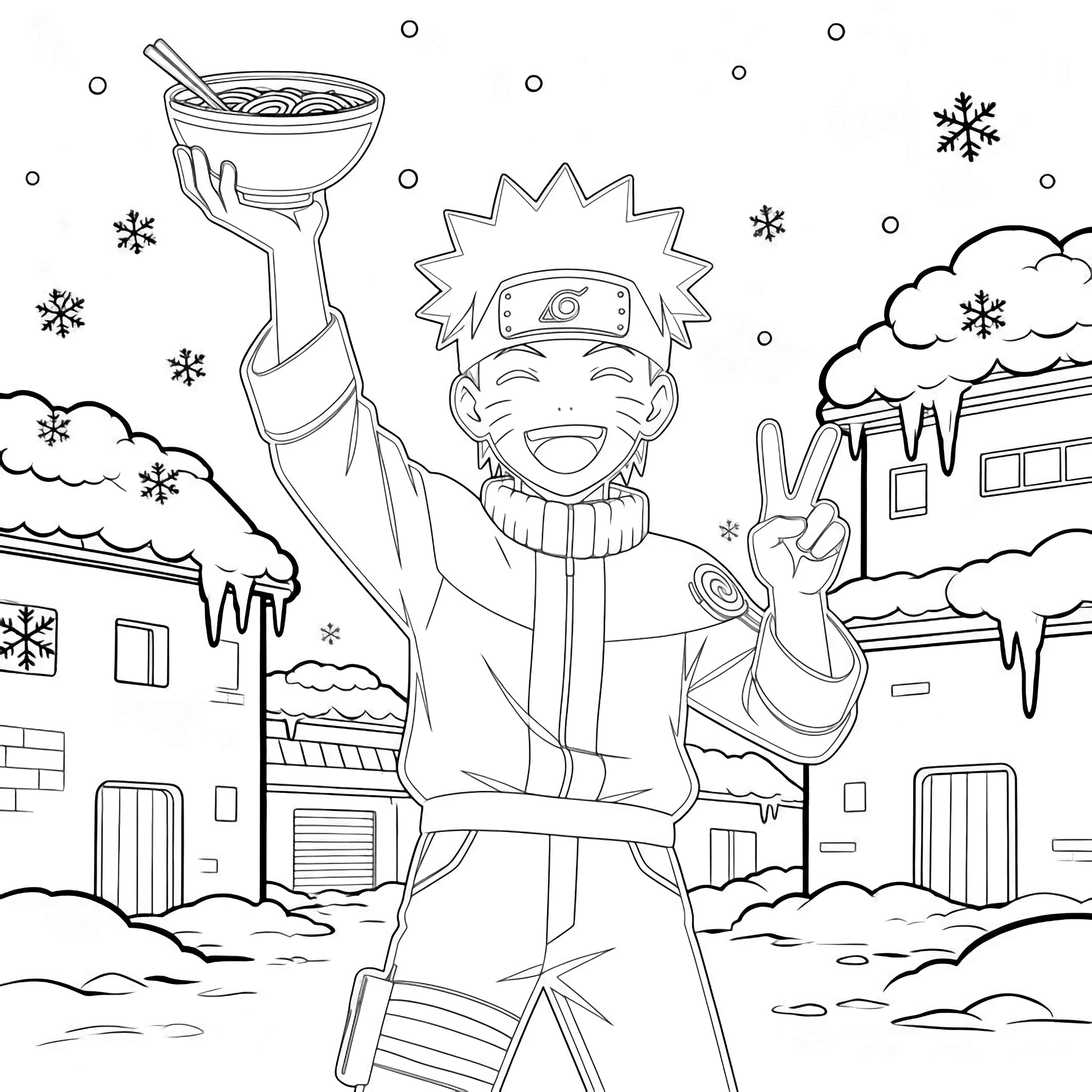 Naruto, grinning, lifts a ramen bowl overhead while flashing a peace sign; simple Hidden Leaf village buildings behind, snow-dusted roofs with icicles, gentle snow drifting. kleurplaat