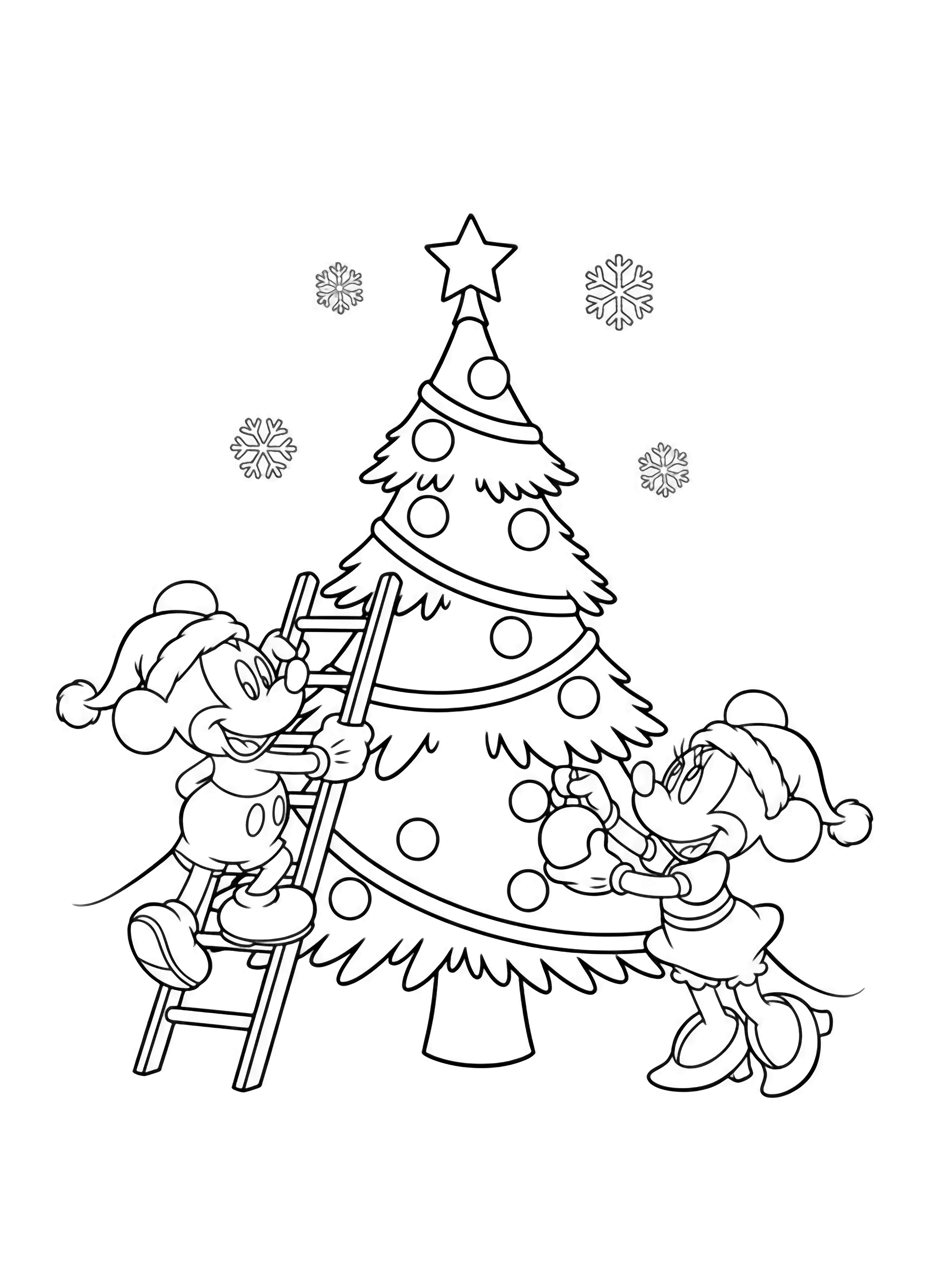 illustration on a Mickey on a ladder Minnie passing ornaments; big Christmas tree outline center star on top garlands simple snowflakes above bold lines clean black kleurplaat