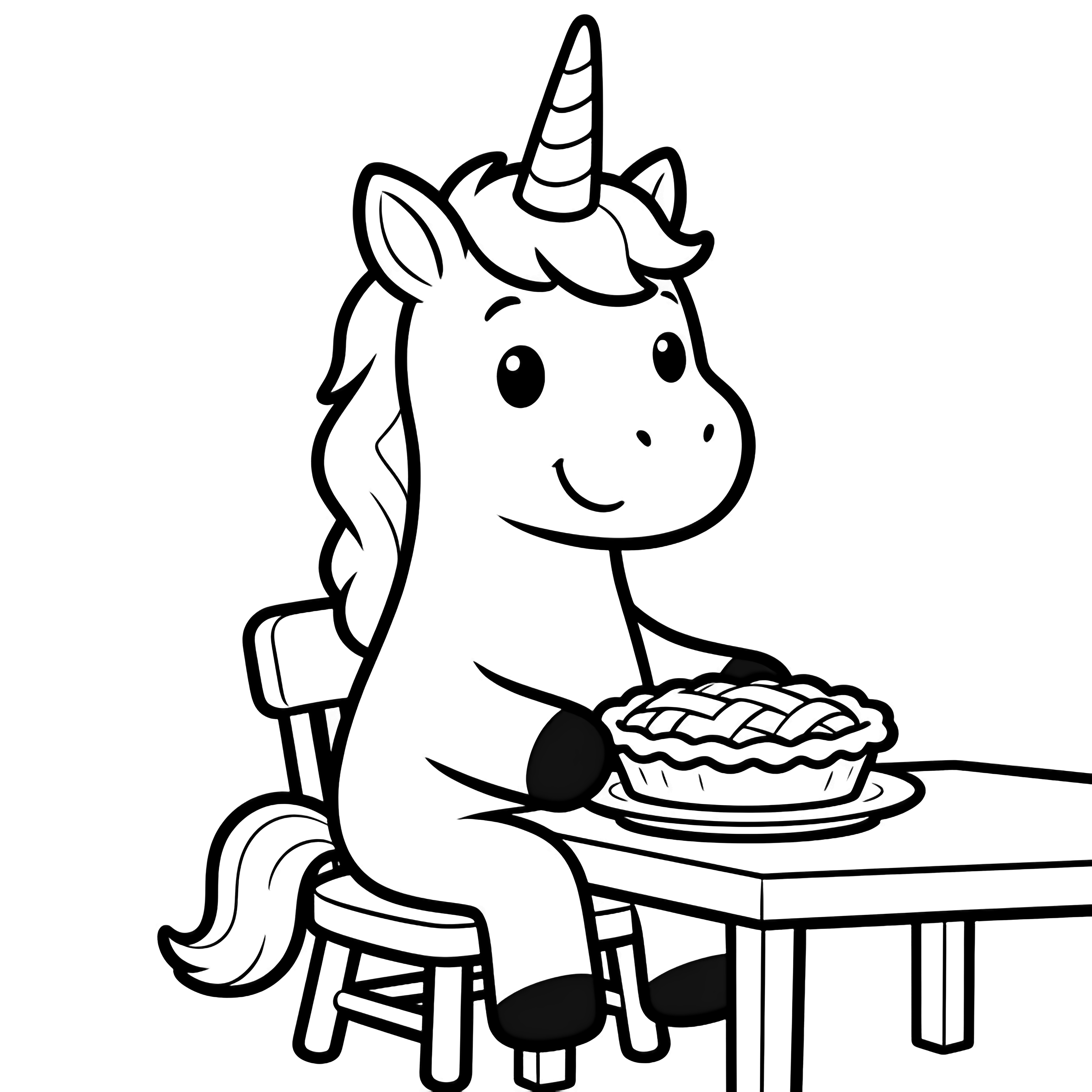 A cheerful unicorn sits on a small chair, holding a pie on a low table, its mane and horn outlined simply. kleurplaat