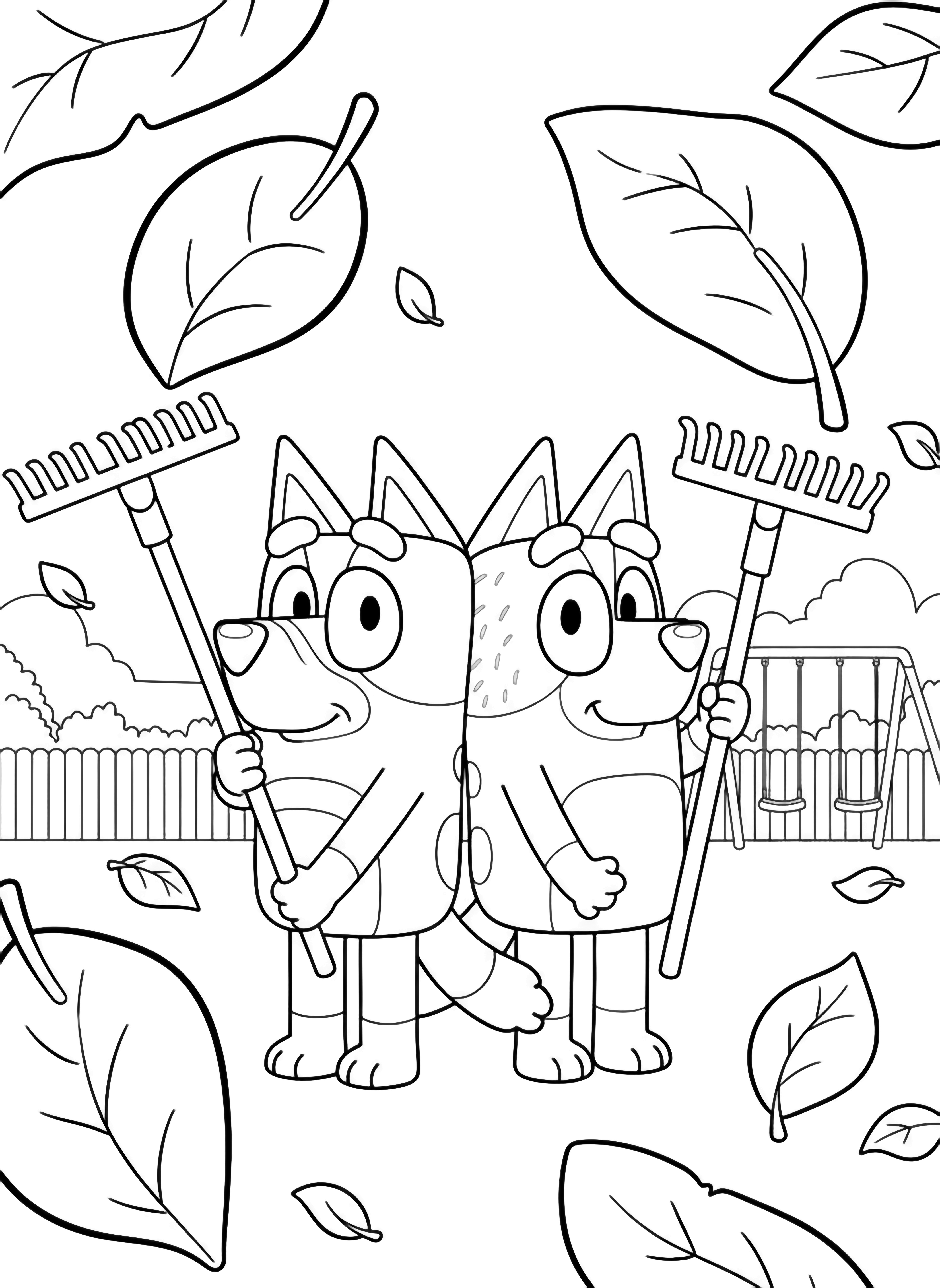 Bluey and Bingo stand back-to-back with child-size rakes, autumn leaves swirling around them, a low fence and distant swing set behind. kleurplaat
