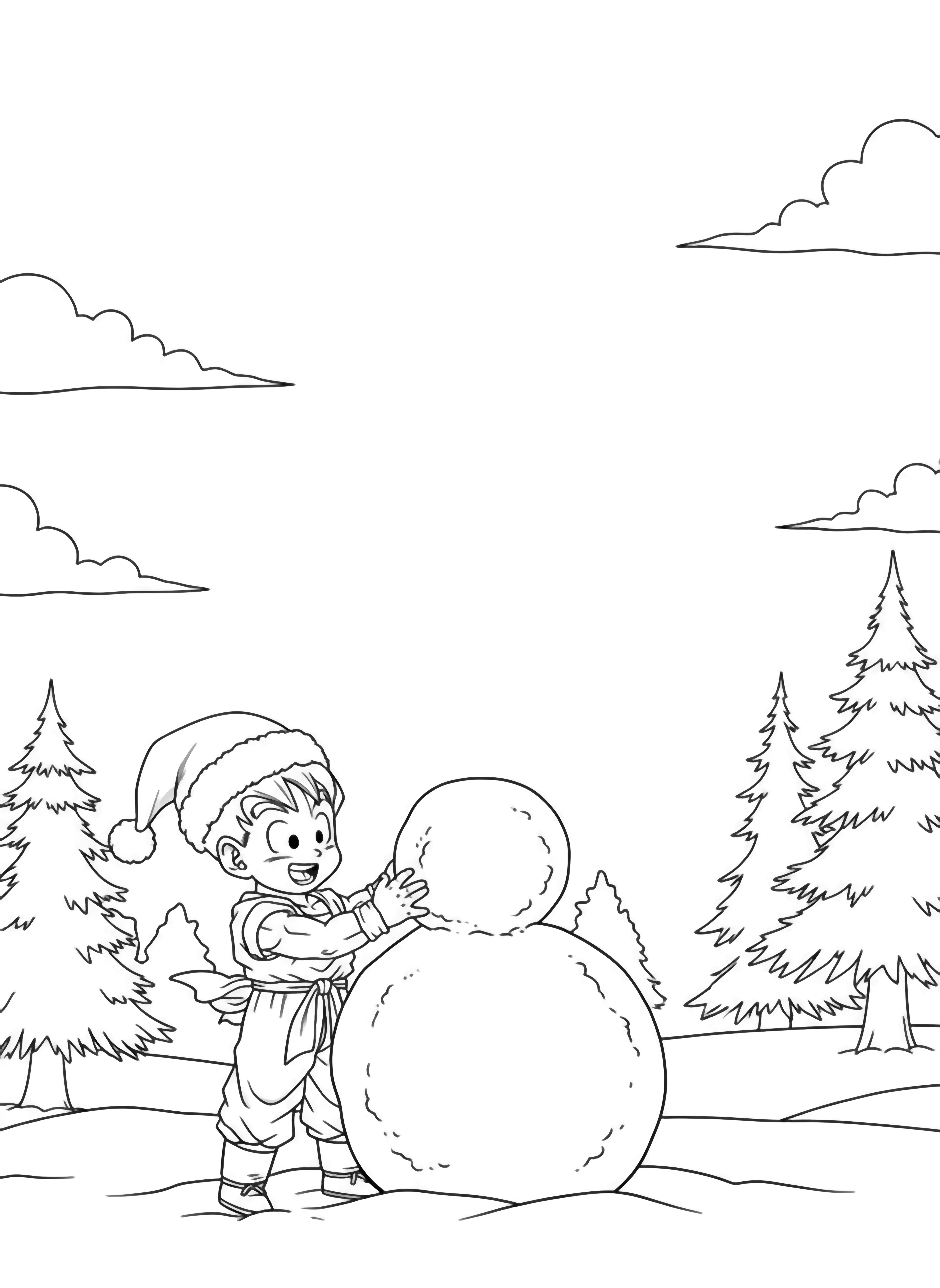 Goku and Gohan in Santa hats stack snowballs into a Shenron shape; snowy ground, pine trees, clouds behind. kleurplaat