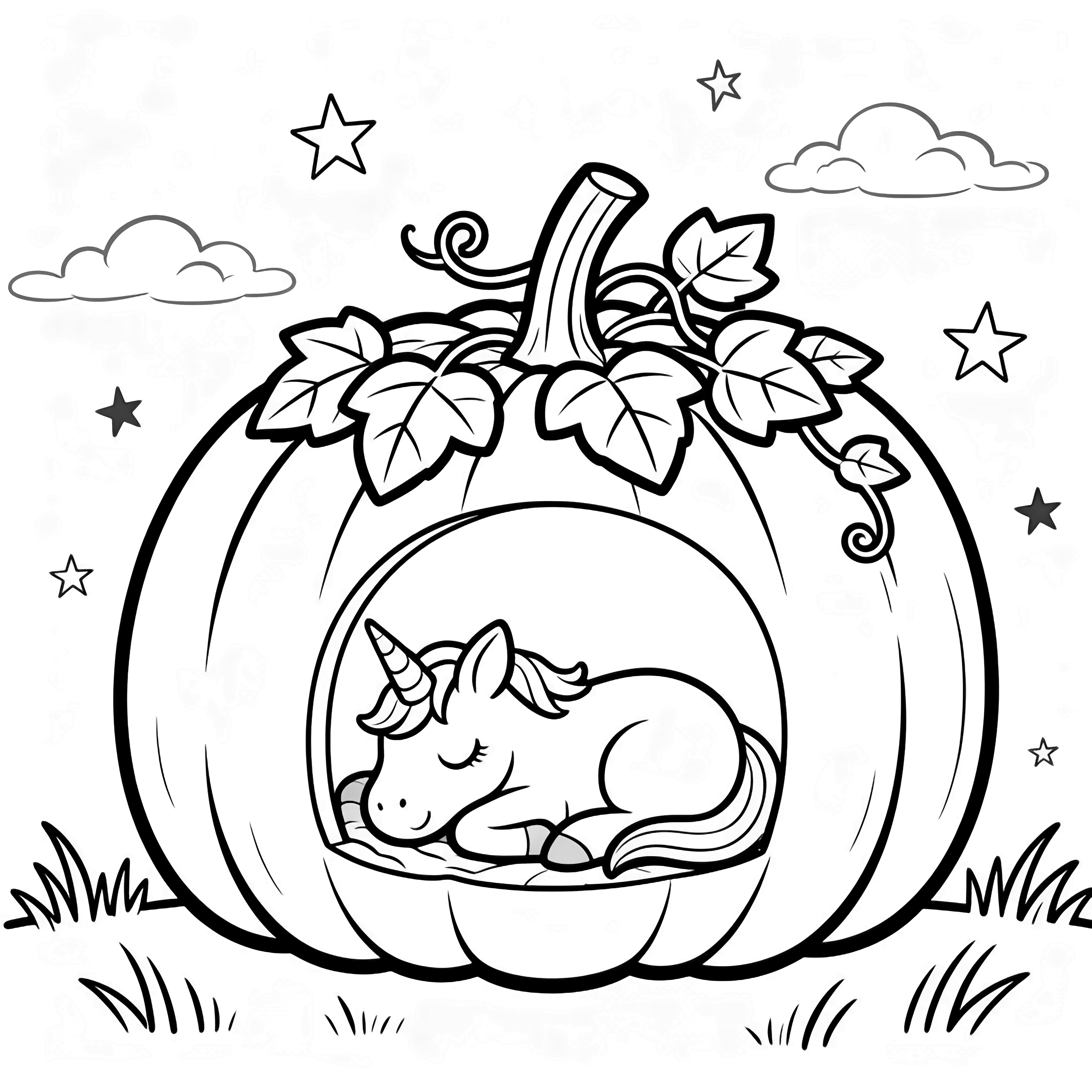A smiling unicorn sleeps curled inside a hollow pumpkin house with a round doorway, leafy vines, tiny stars, drifting clouds, and a grass line below. kleurplaat