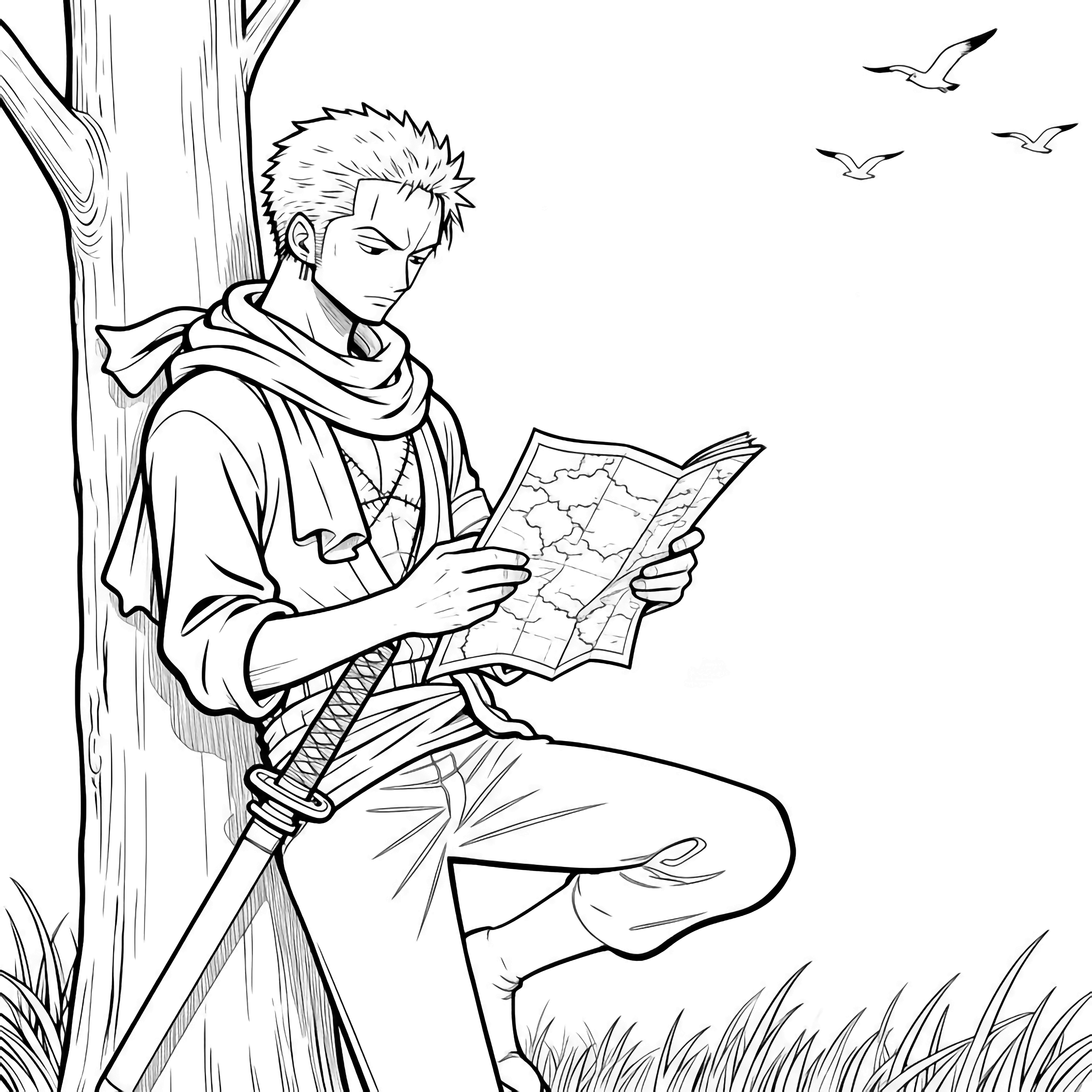 Zoro leans against a tree, one leg bent, katana at hip, scarf loose, studying an open map while distant seagulls glide over calm grass. kleurplaat