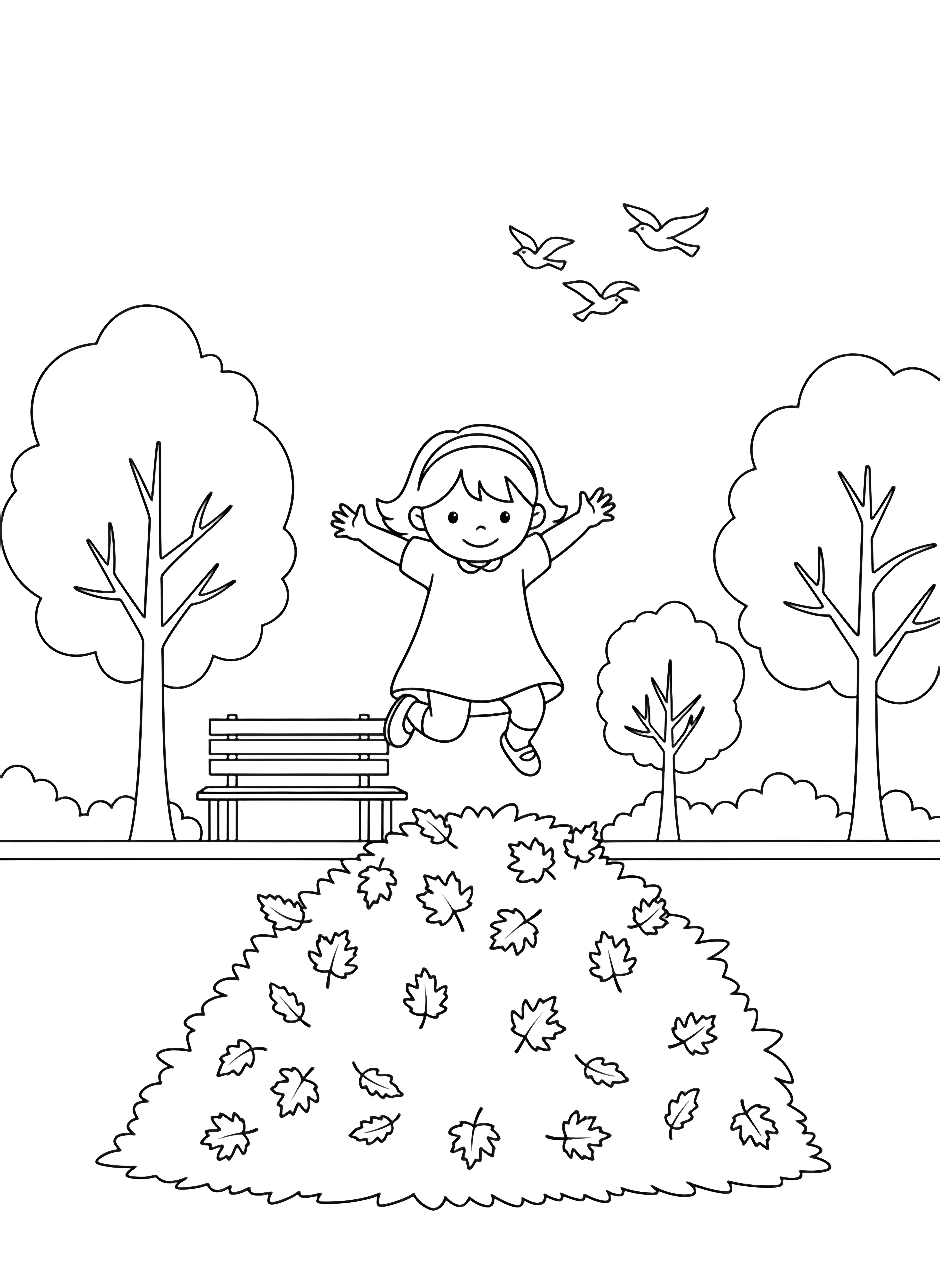 illustration on a Small girl mid jump above a fluffy mound of leaves; simple trees flank a blank park bench; easy flying birds overhead; clear bold outlines all interiors white and color ready clean black kleurplaat