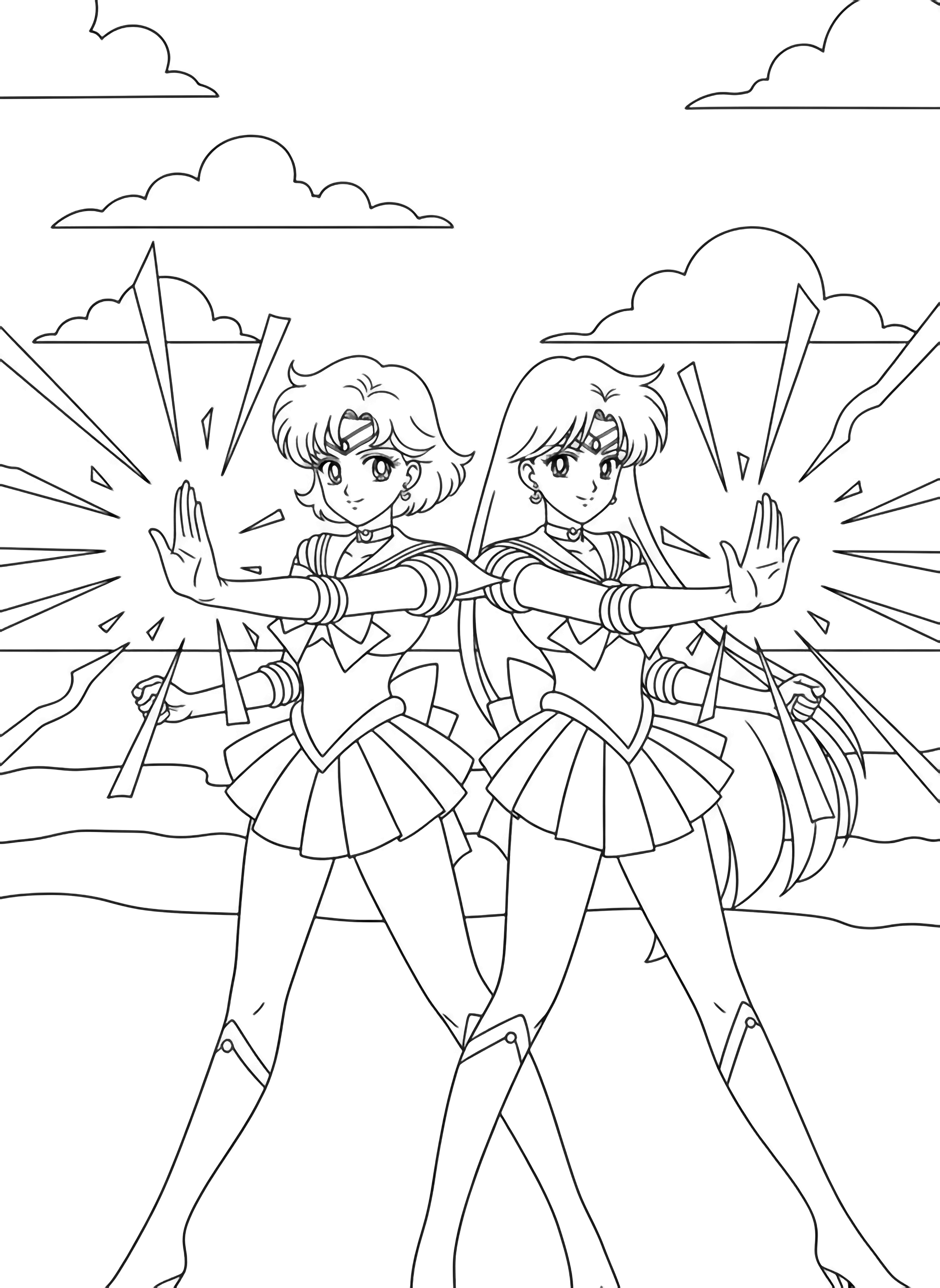 Sailor Mercury and Sailor Mars stand side-by-side, palms forward, hair and skirts flowing; wavy starbursts emit from their hands, simple clouds and ocean horizon behind. kleurplaat