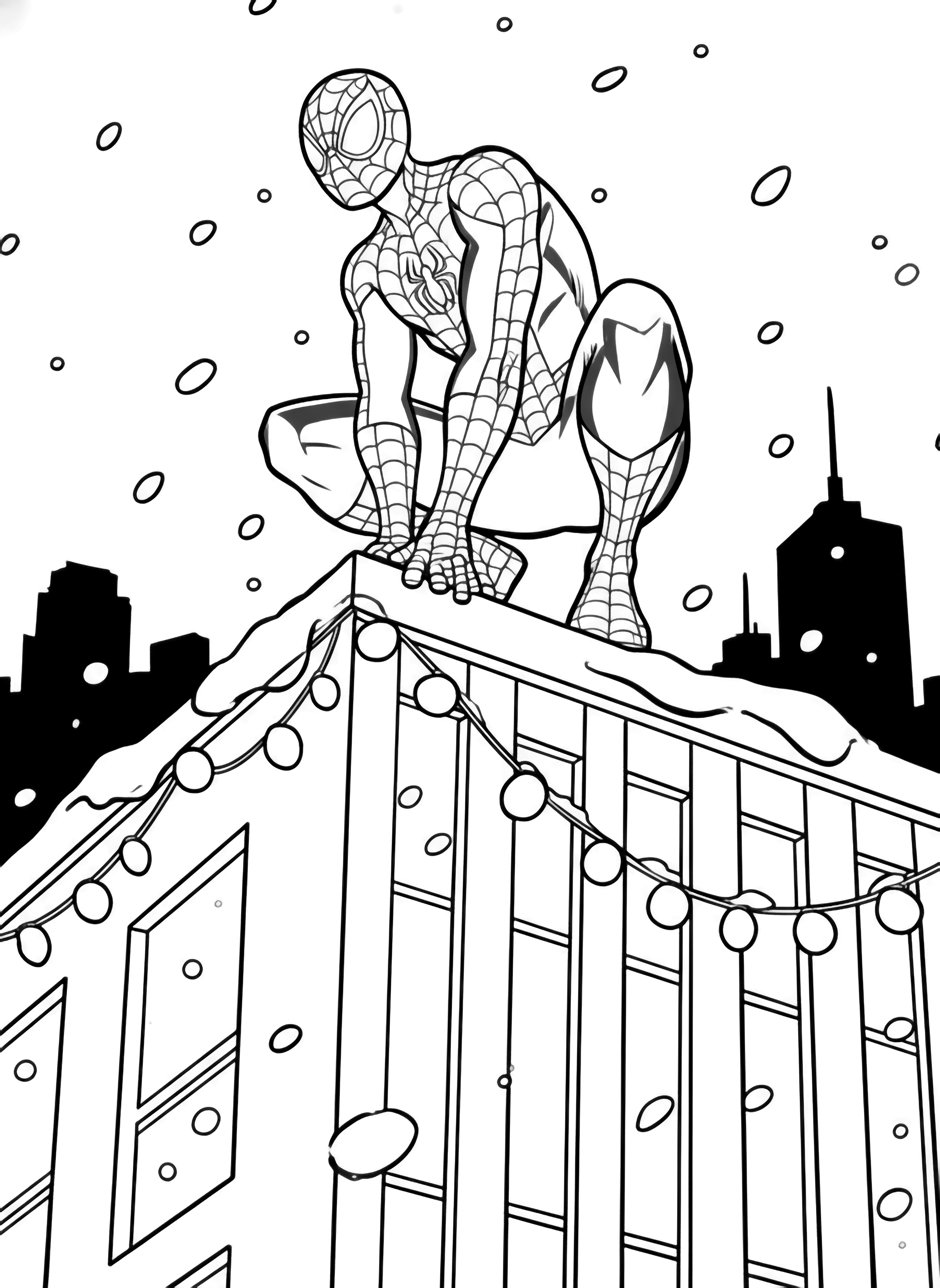 Spider-Man crouches on a skyscraper peak amid drifting snowflakes, string-light loops tracing the roofline, distant skyline silhouettes behind. kleurplaat