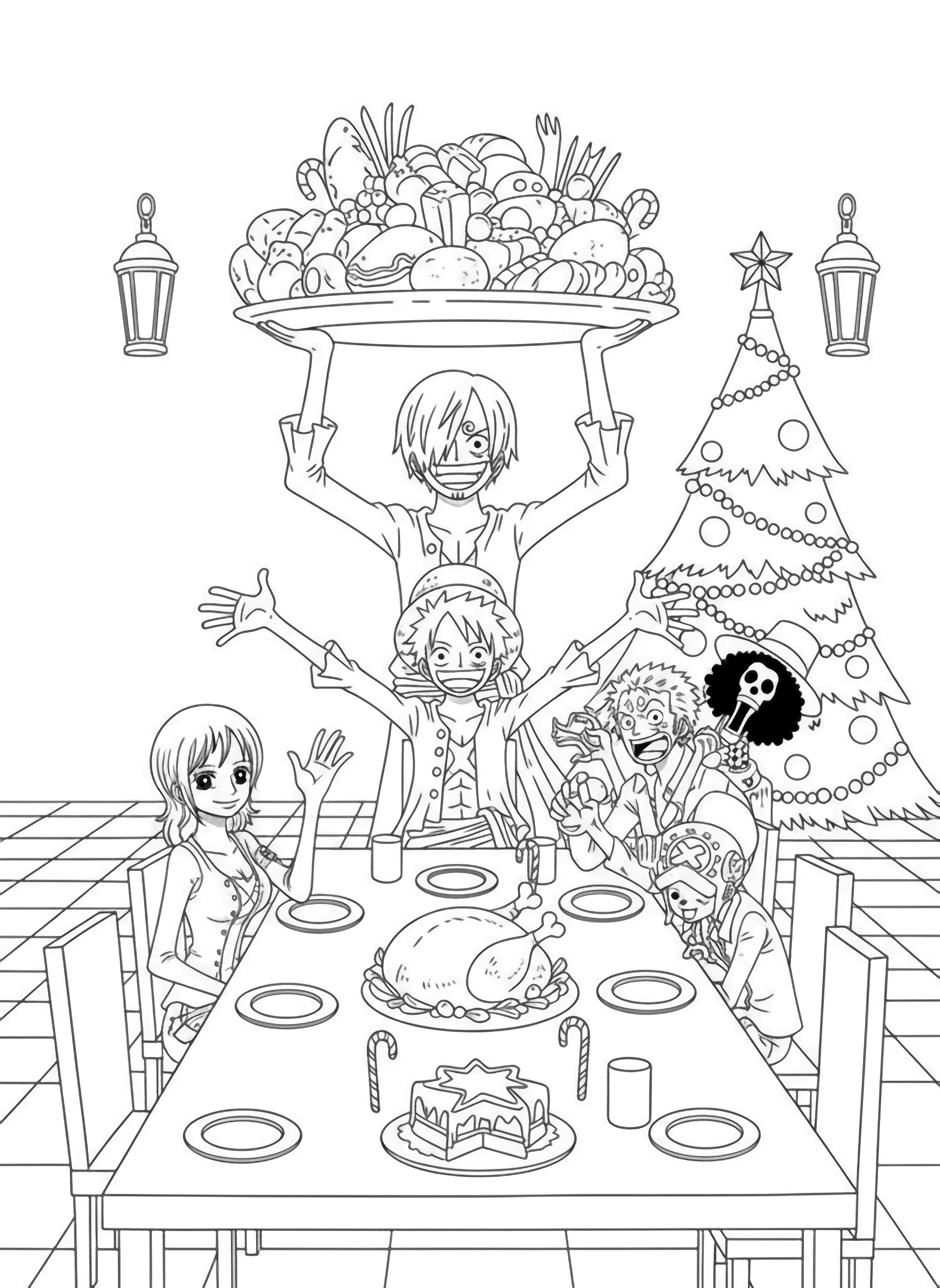Sanji beams, hoisting a huge platter above the festive table where Luffy, Zoro, Nami, Robin, Chopper, Usopp, Brook, Franky eagerly await turkey, star cake, candy canes beside a Christmas tree. kleurplaat