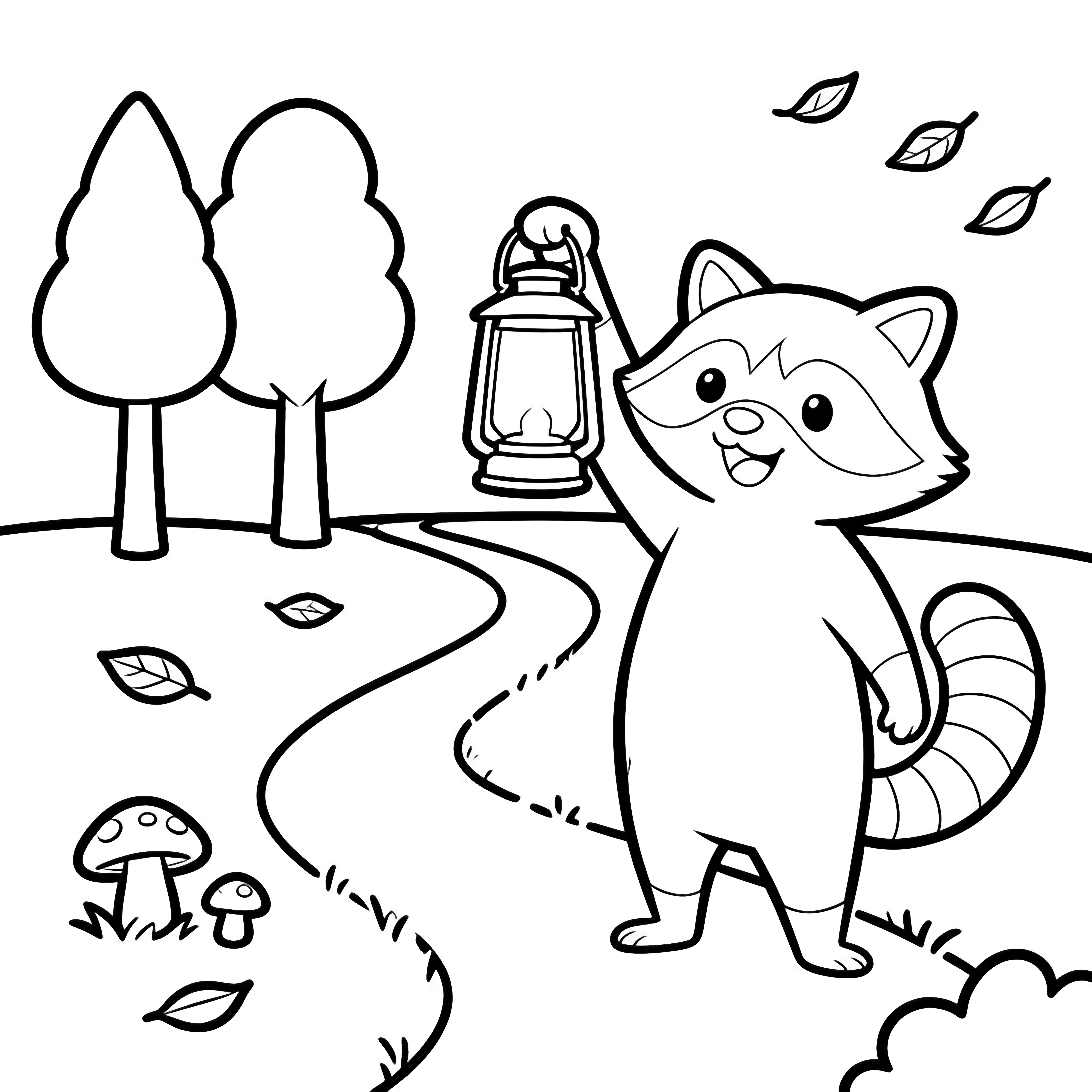 A cheerful raccoon lifts a lantern beside a curving path, three trees, tiny mushrooms, and drifting leaves. kleurplaat