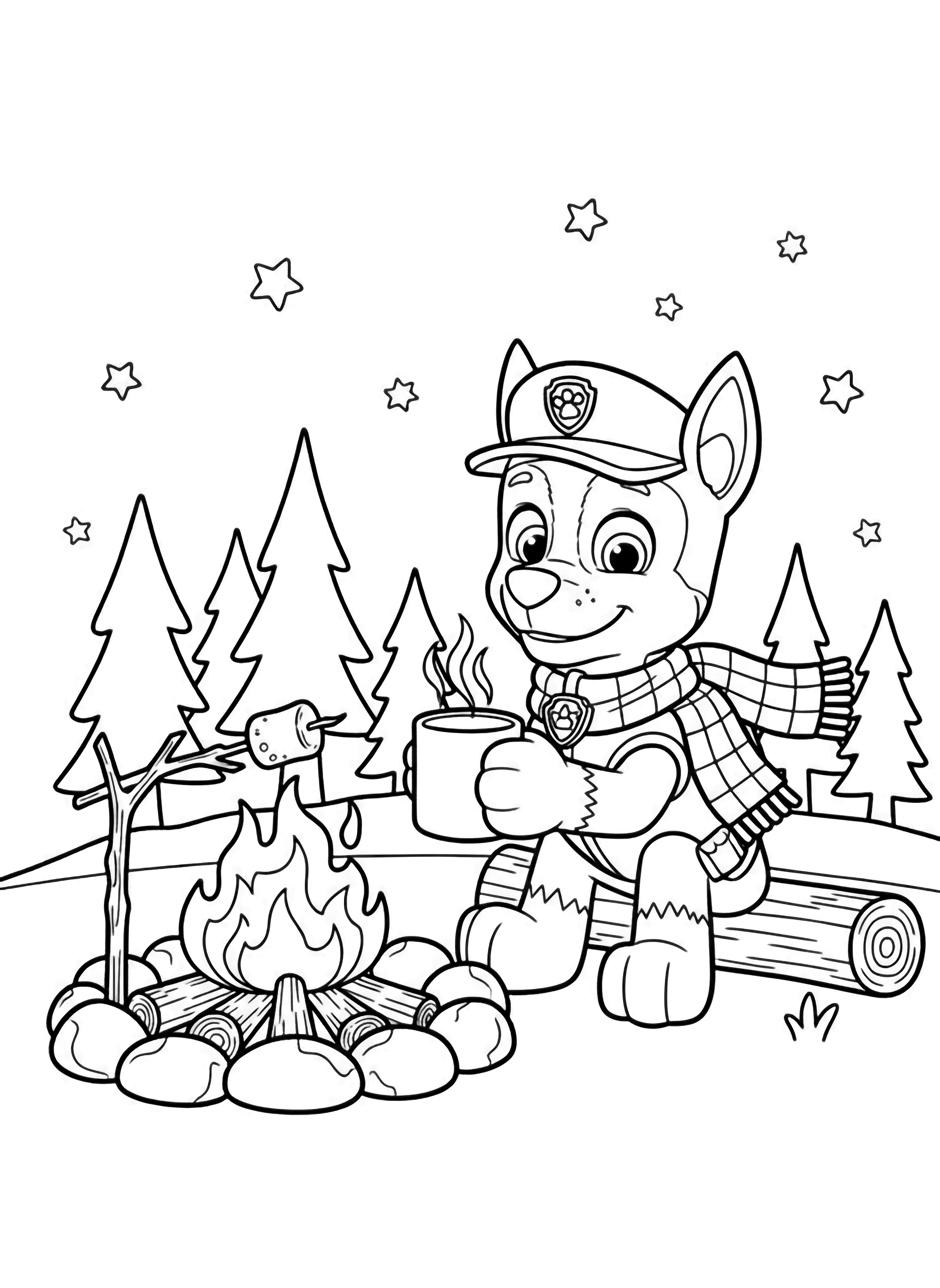 Chase the pup in a plaid scarf sits by a campfire with a steaming mug, logs, marshmallow stick, stars, and pine trees around him. kleurplaat