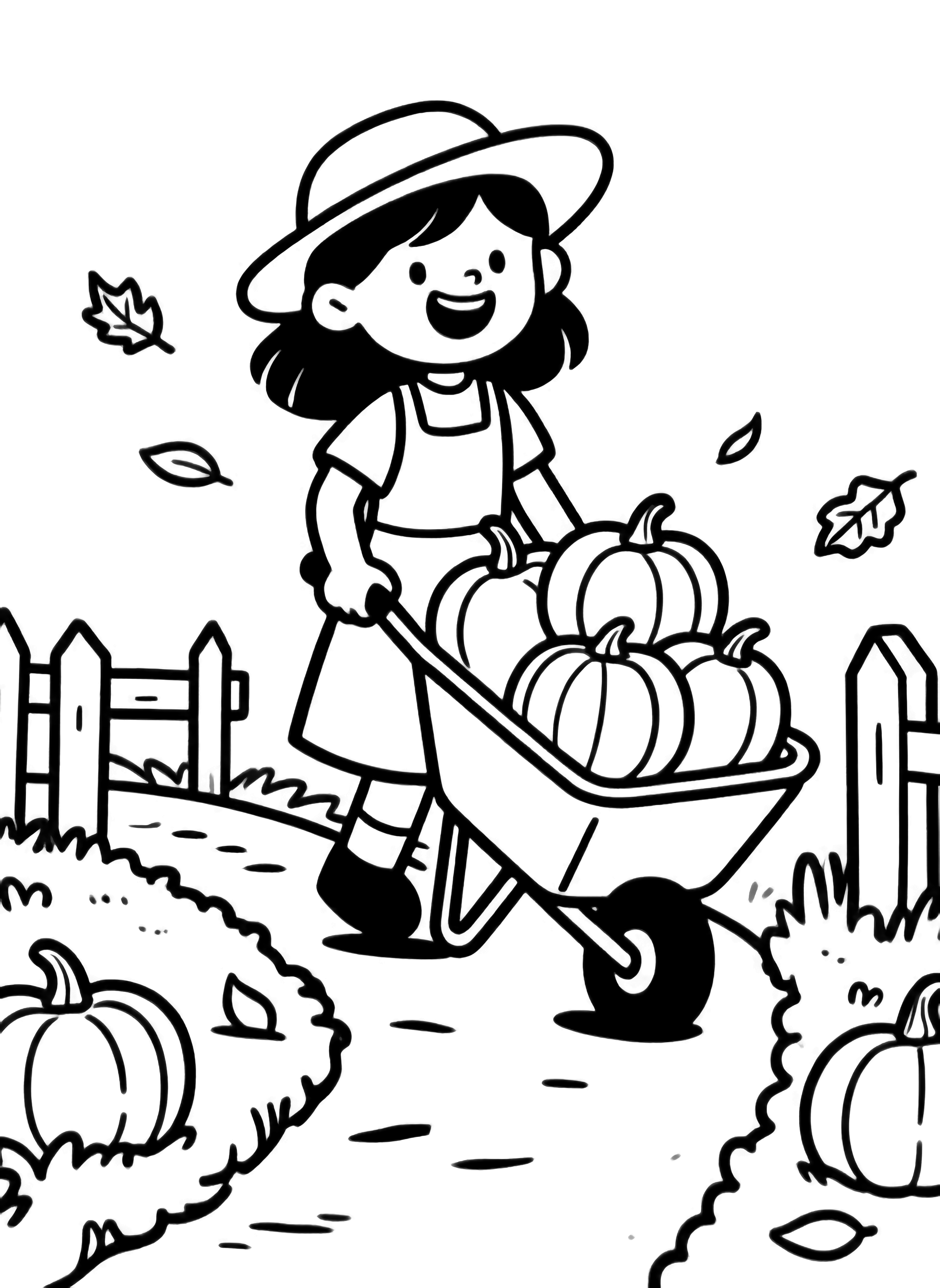 A smiling girl in a floppy hat pushes a wheelbarrow stacked with five round pumpkins along a garden path lined with fence posts and drifting autumn leaves. kleurplaat