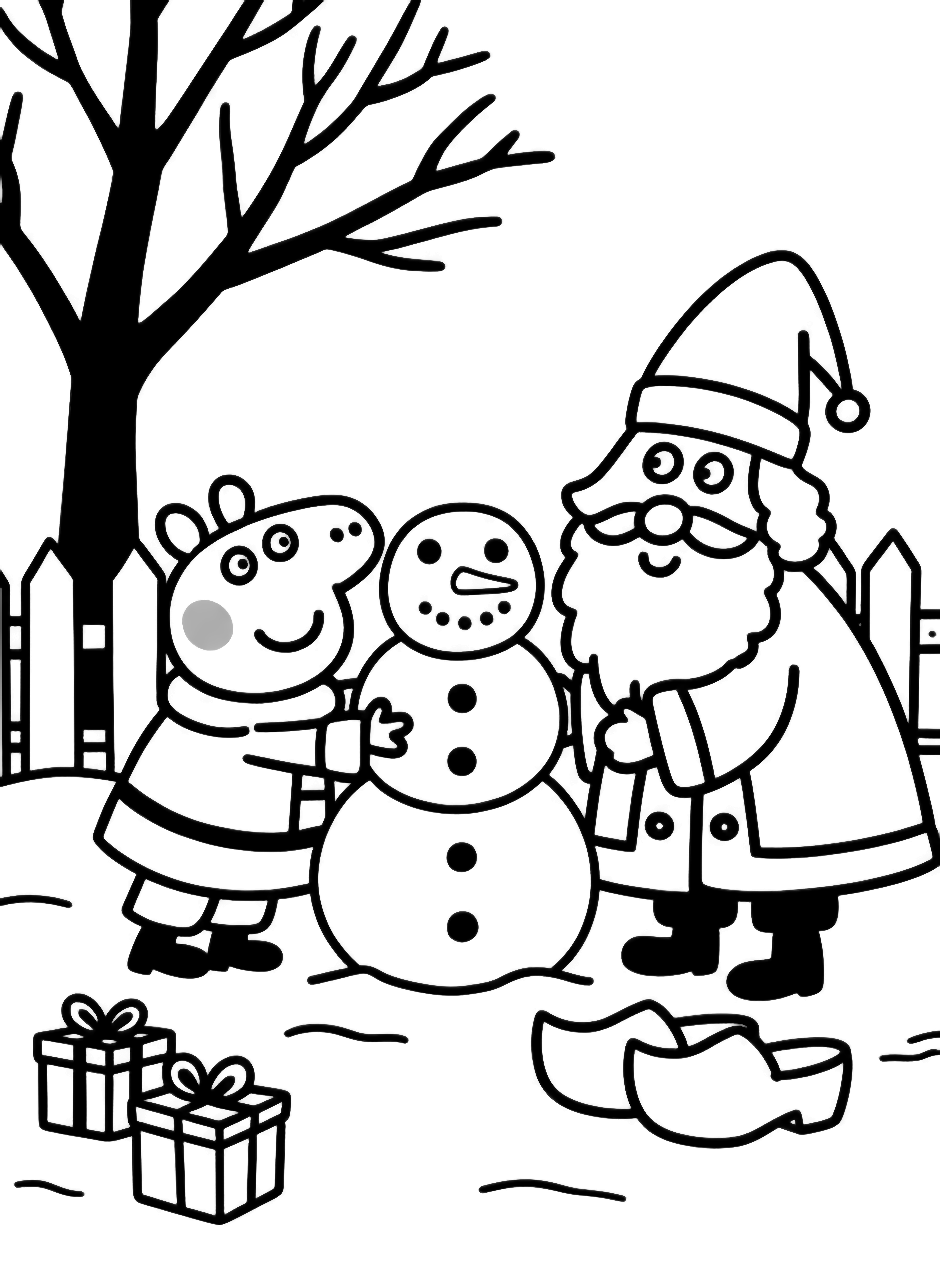 Peppa and Suzy build a three-tier snowman; gift boxes and tall boots rest nearby, with a picket fence and bare tree behind. kleurplaat