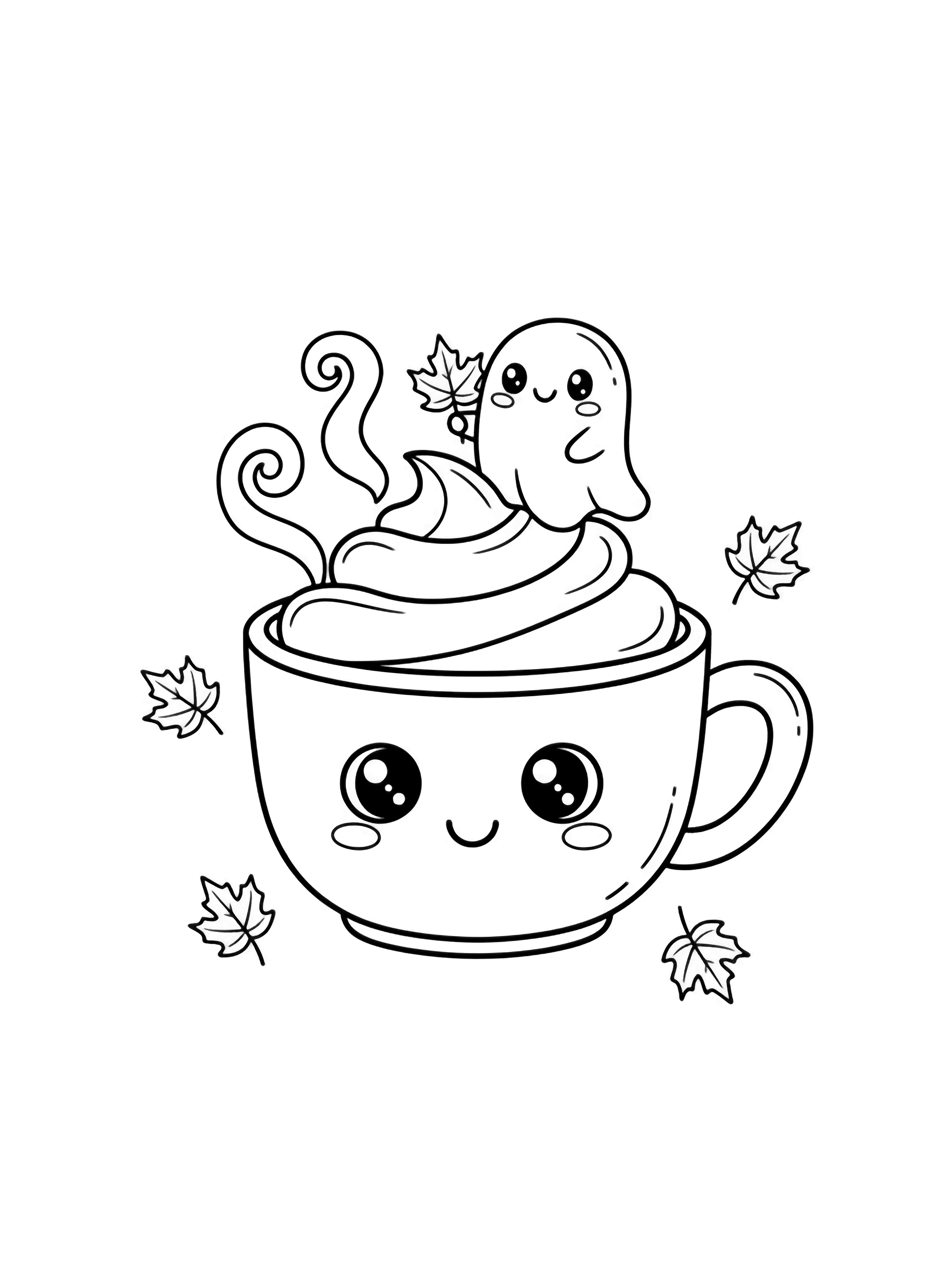 A kawaii cocoa mug with big eyes, curly steam, and a tiny smiling ghost holding a maple leaf on whipped cream, surrounded by falling leaves. kleurplaat