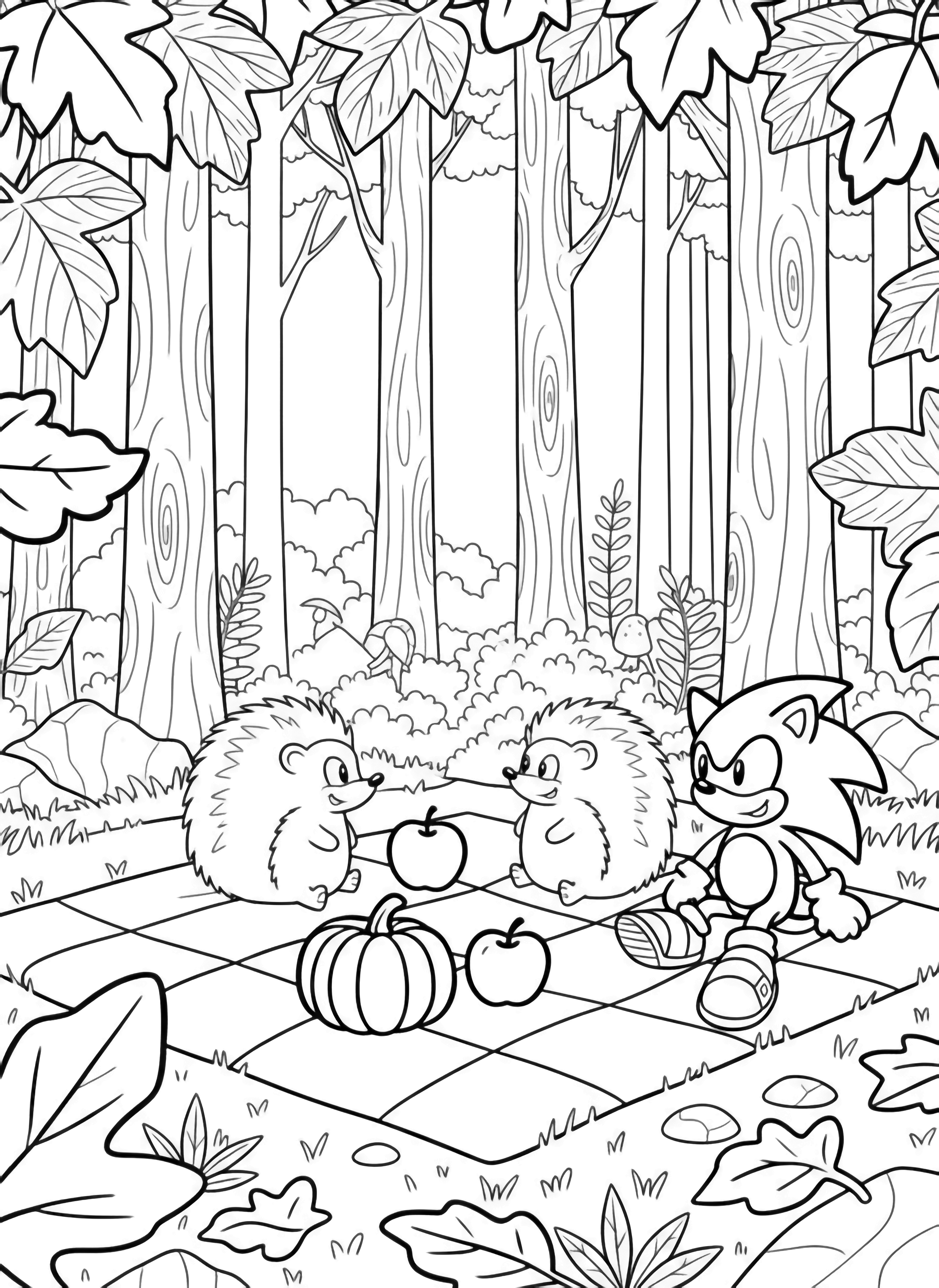 illustration on a Four smiling hedgehogs and Sonic sit on a picnic blanket; nearby a tall thermos two pumpkins three apples and drifting leaves frame the scene all outlined boldly on white clean black kleurplaat