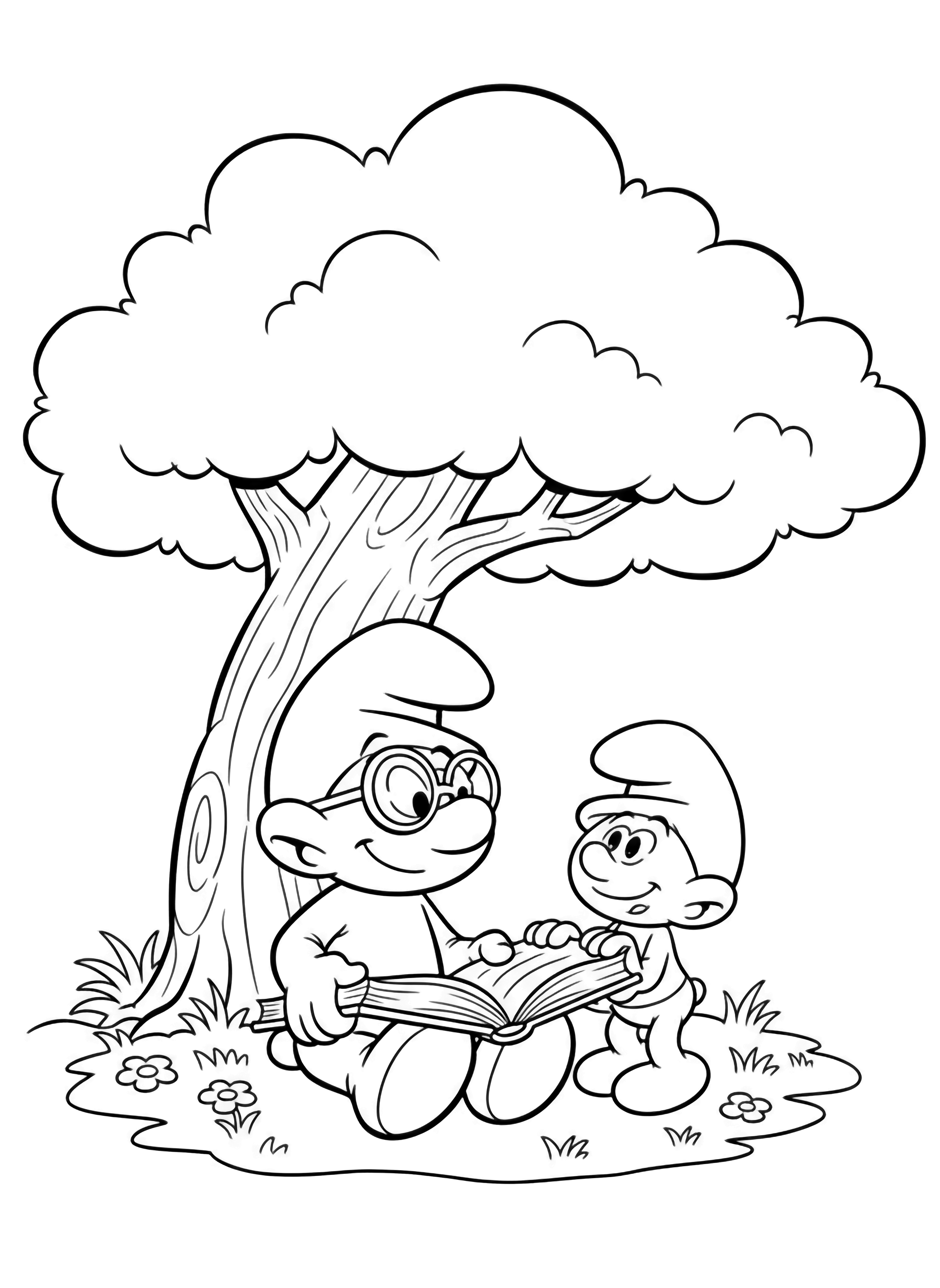 Brainy Smurf sits cross-legged with a giant open book on his lap under a fluffy cloud-shaped tree; Baby Smurf stands close, tiny hands clutching the page edge, both smiling on simple grass with a few flowers. kleurplaat