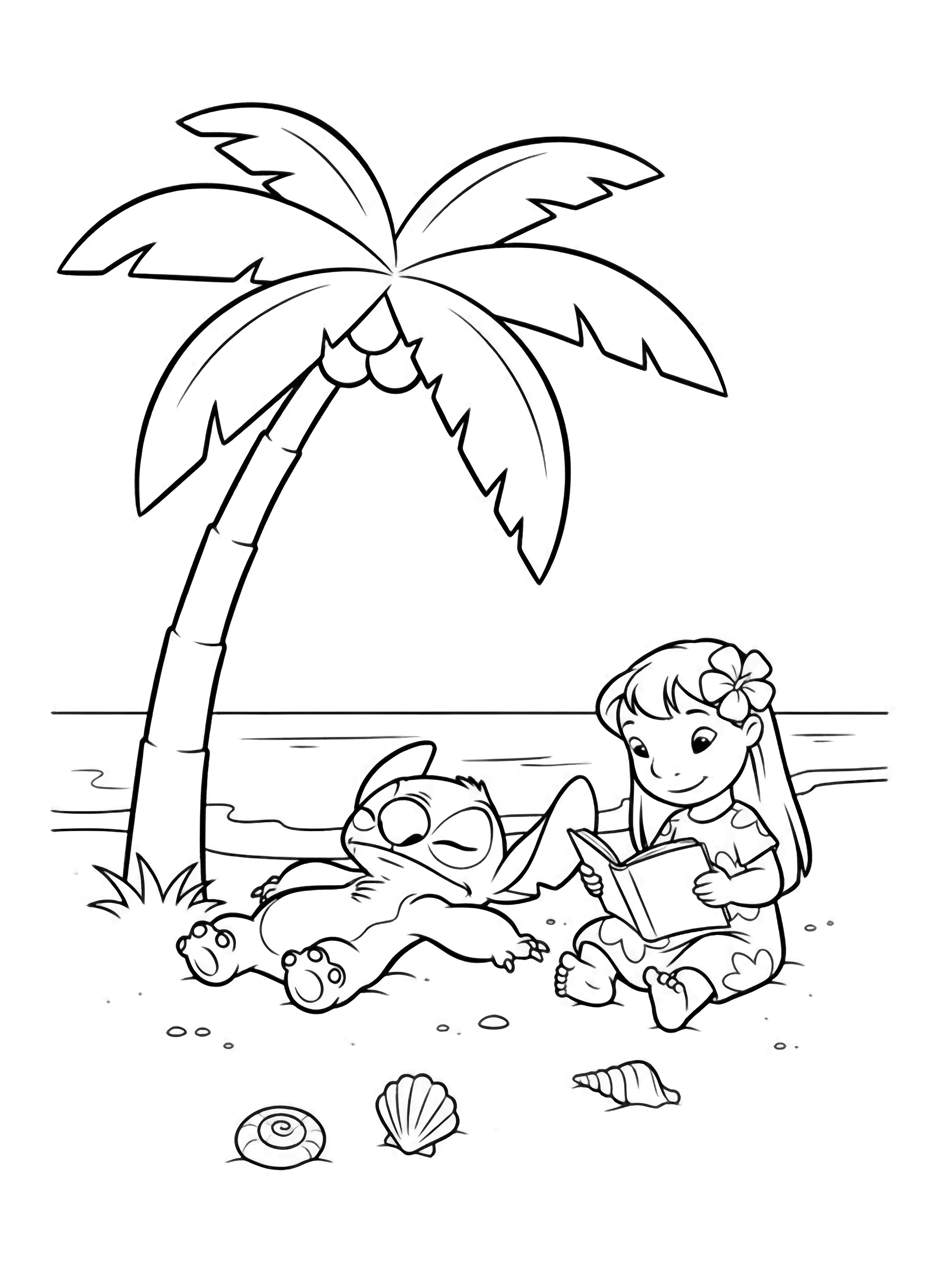 illustration on a Stitch lounges on his back under a palm tree; Lilo sits cross legged nearby reading an open book; simple sand a few shells and gentle waves outline the scene all in bold black outlines on white clean black kleurplaat