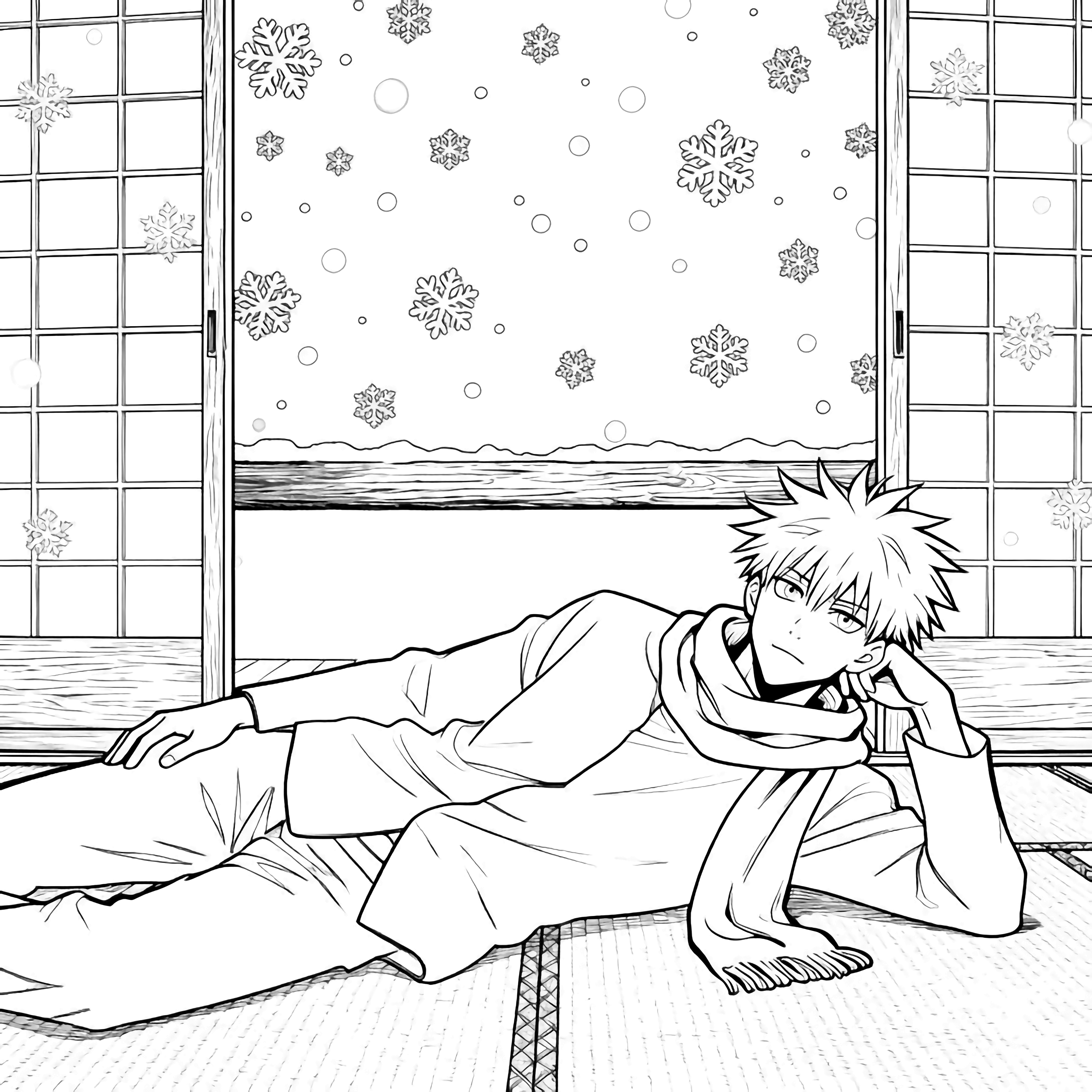 Gojo Satoru lounges on a tatami, head propped, scarf loose; sliding door open to drifting snow, paper screen and wooden beam behind. kleurplaat