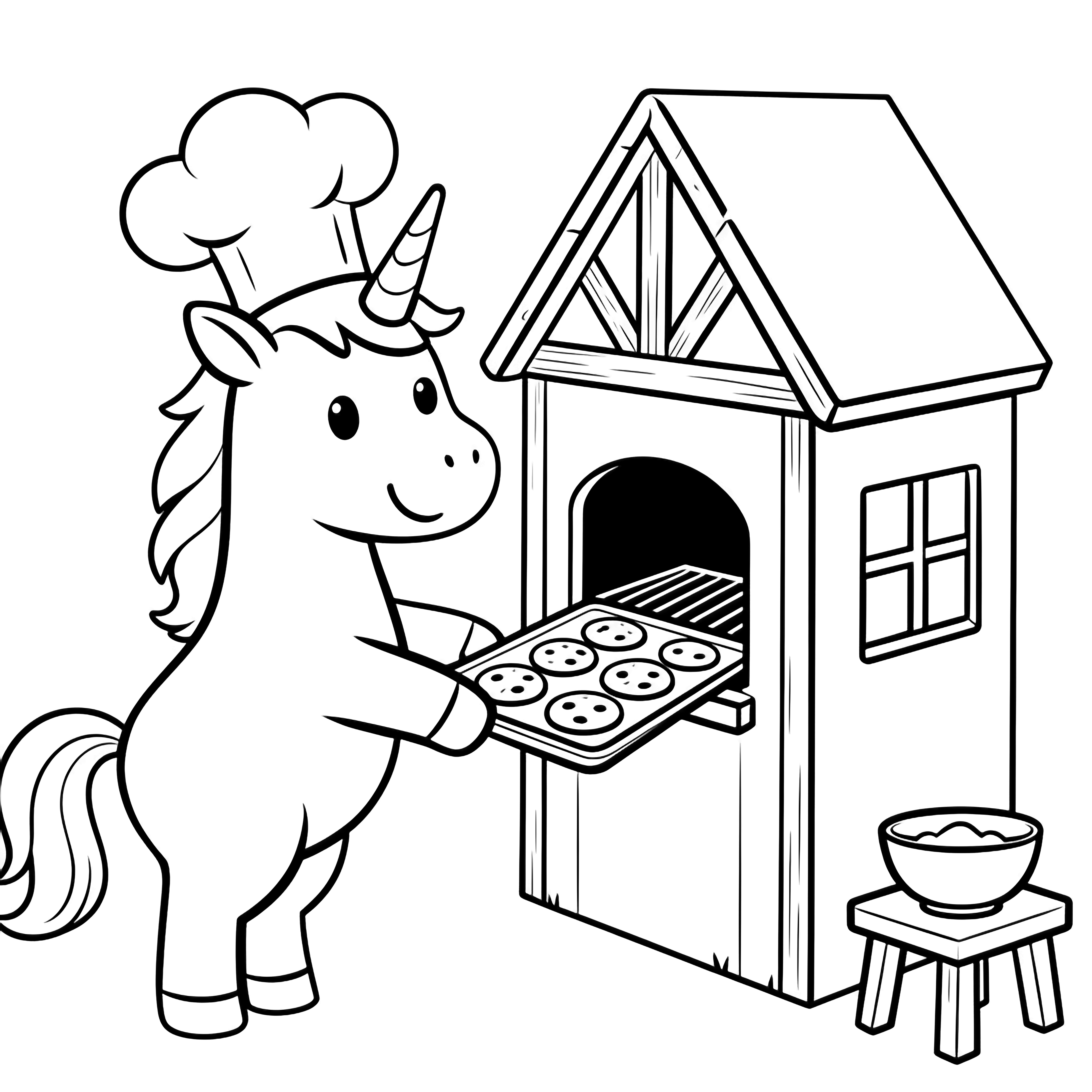 A cheerful unicorn in a chef's hat slides a tray of round cookies into a small cottage oven; simple windows, beams, and a table with a mixing bowl nearby. kleurplaat