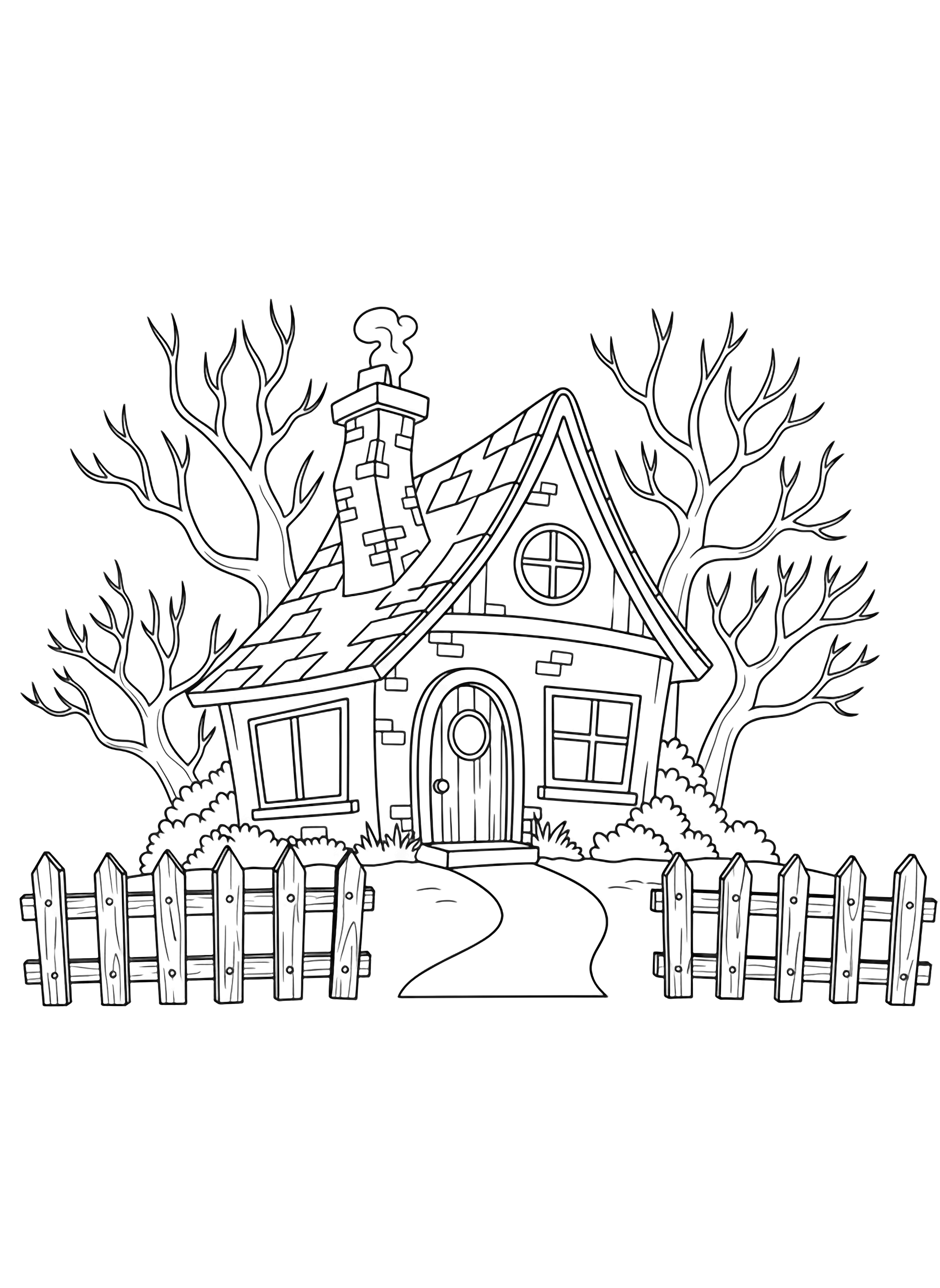 A crooked-chimney cottage with blank windows and an arched door sits among spindly leafless trees, a picket fence and winding path framing the scene. kleurplaat