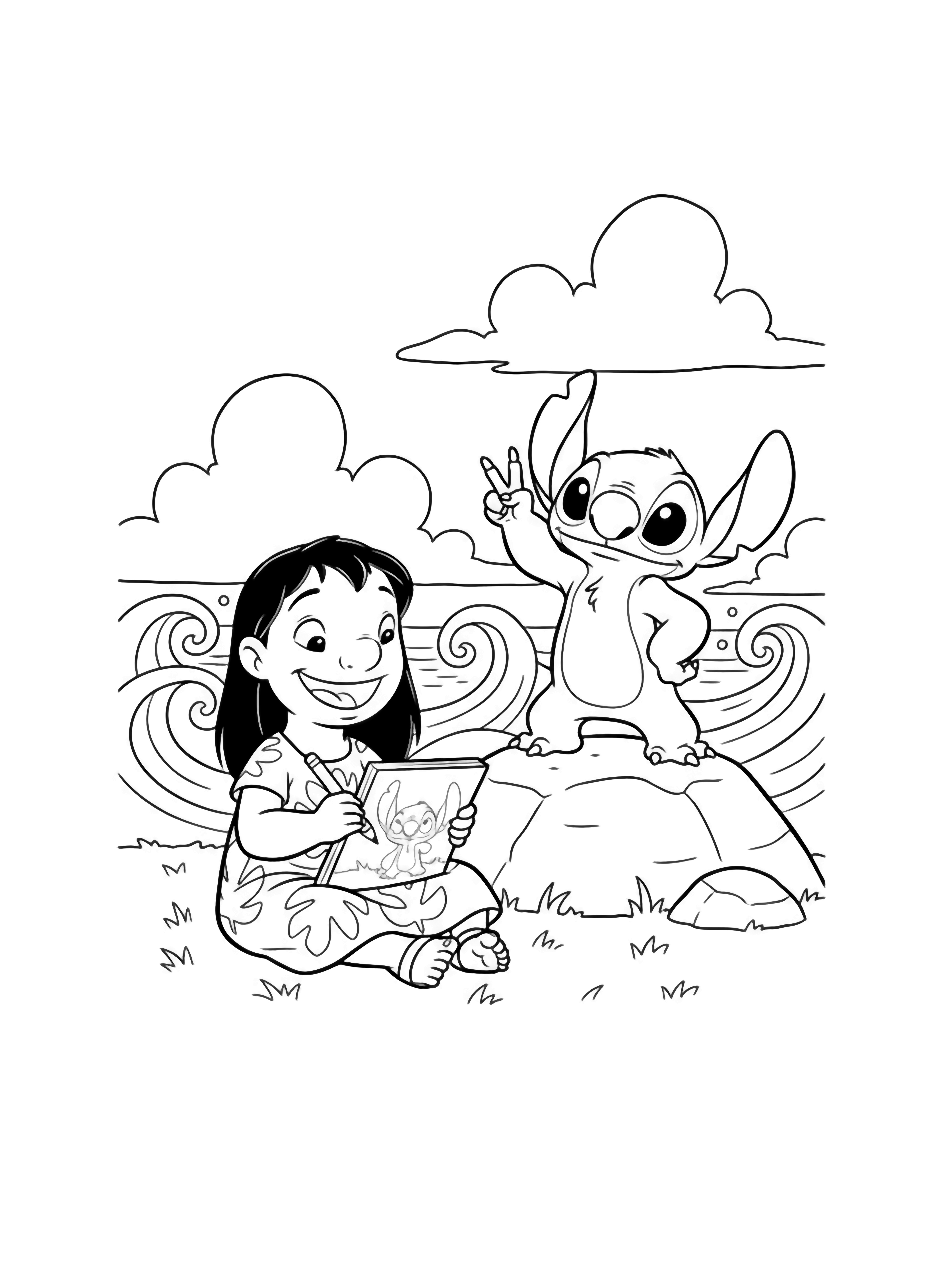 illustration on a Lilo sits cross legged on a grass patch grinning as she draws big eared Stitch on her pad; Stitch stands tall on a rock one hand on hip the other making a V sign with simple palms clouds and waves behind clean black kleurplaat
