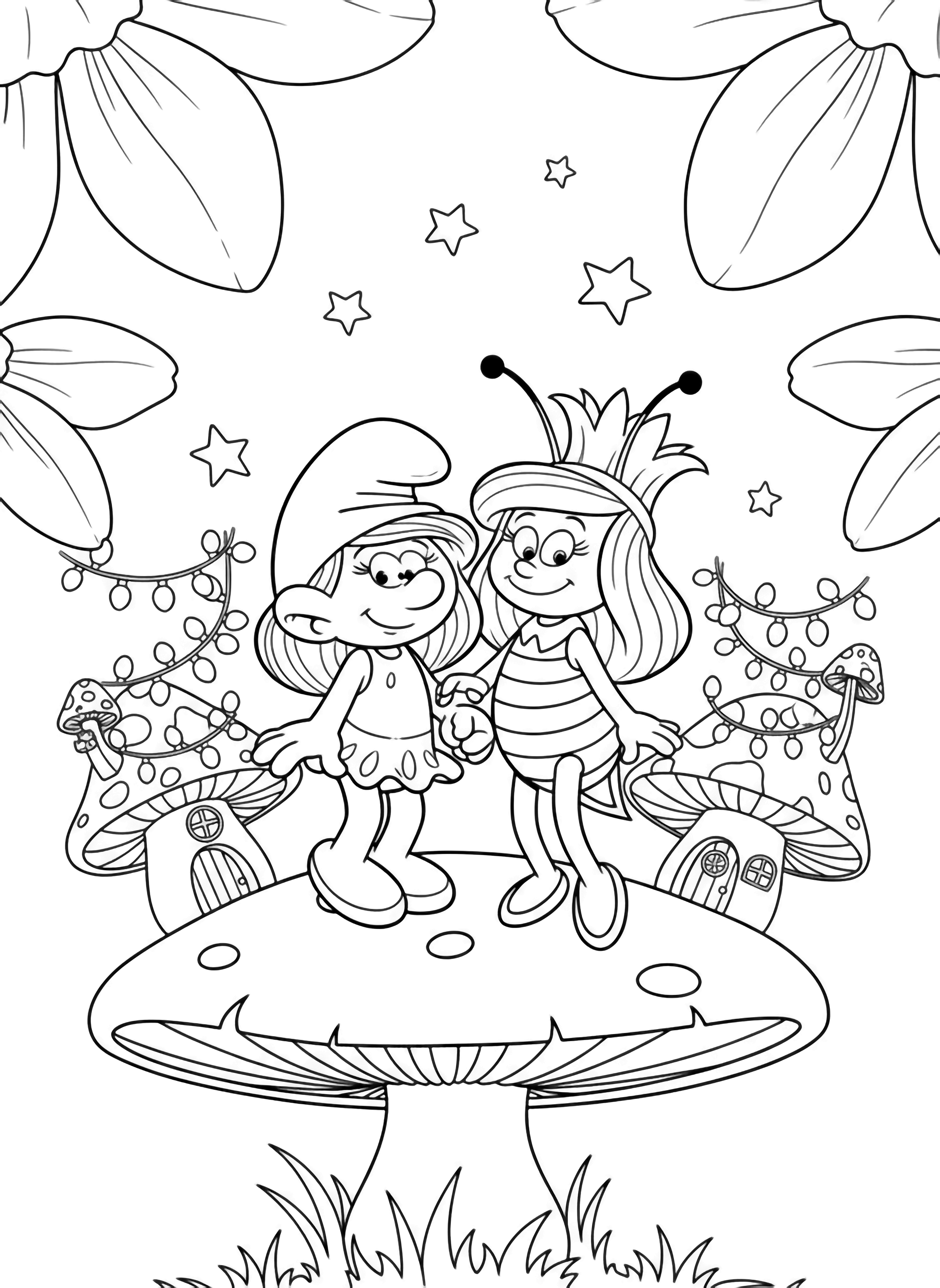 Smurfette and Queen Bee stand on a toadstool stringing fairy lights between two tiny mushroom houses, framed by oversized petals with stars drifting above grass. kleurplaat