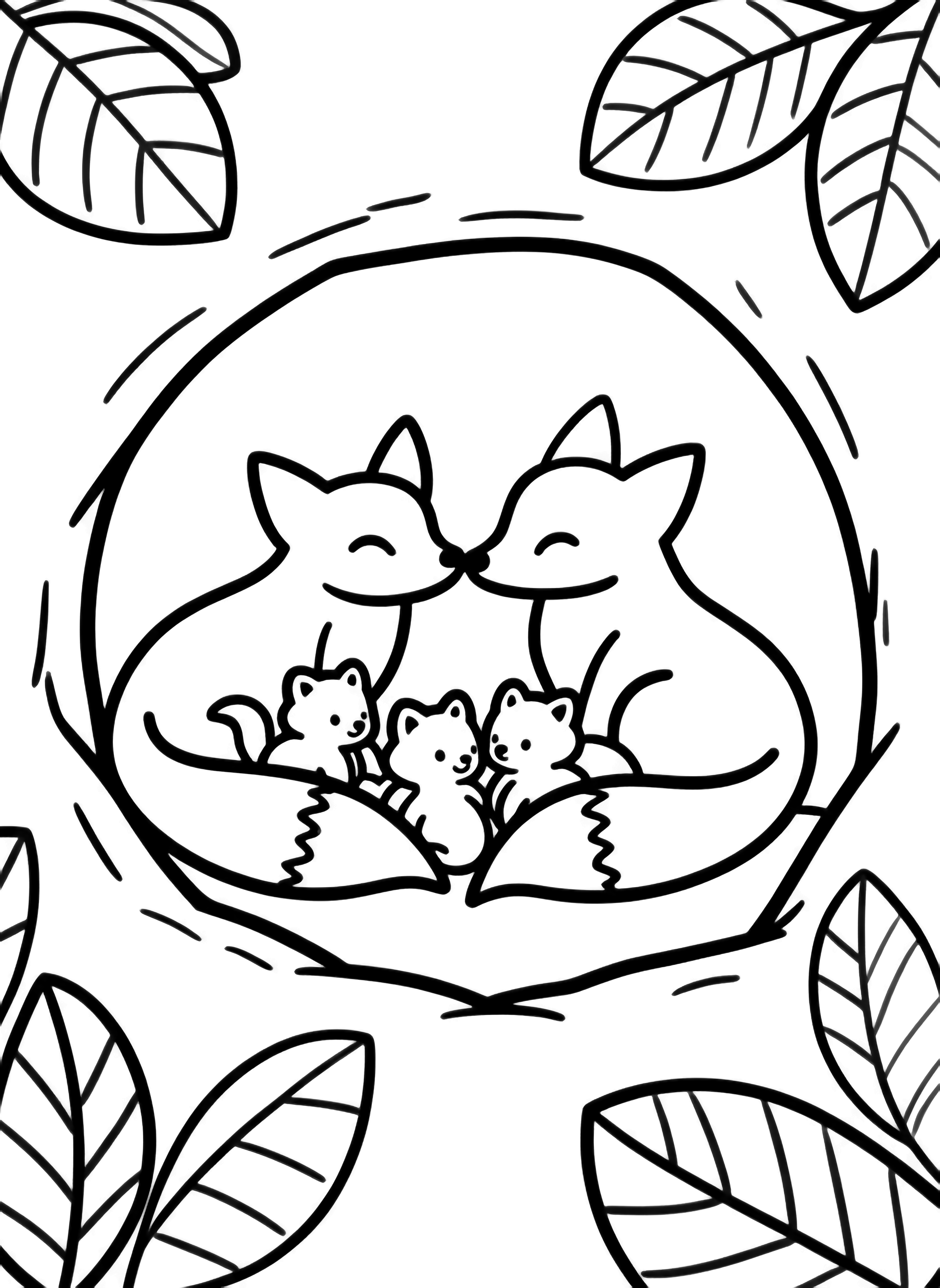 Two parent foxes curl protectively around three tiny cubs inside a cozy burrow, their noses and tails gently touching while simple leaf shapes frame the entrance. kleurplaat