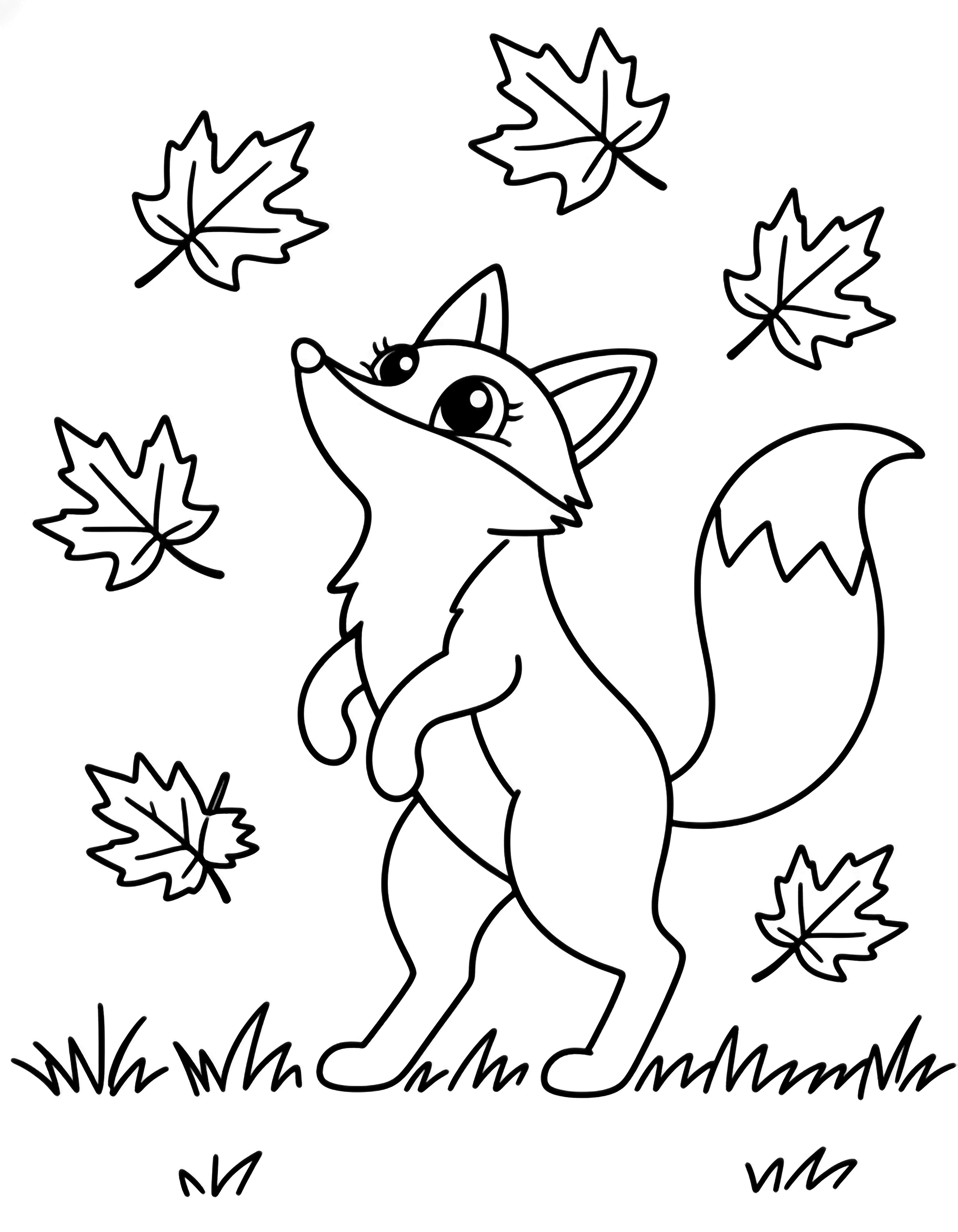 A cheerful fox on its hind legs gazes upward, tail curled, while six big maple leaves drift around it and a simple grass line borders the scene. kleurplaat