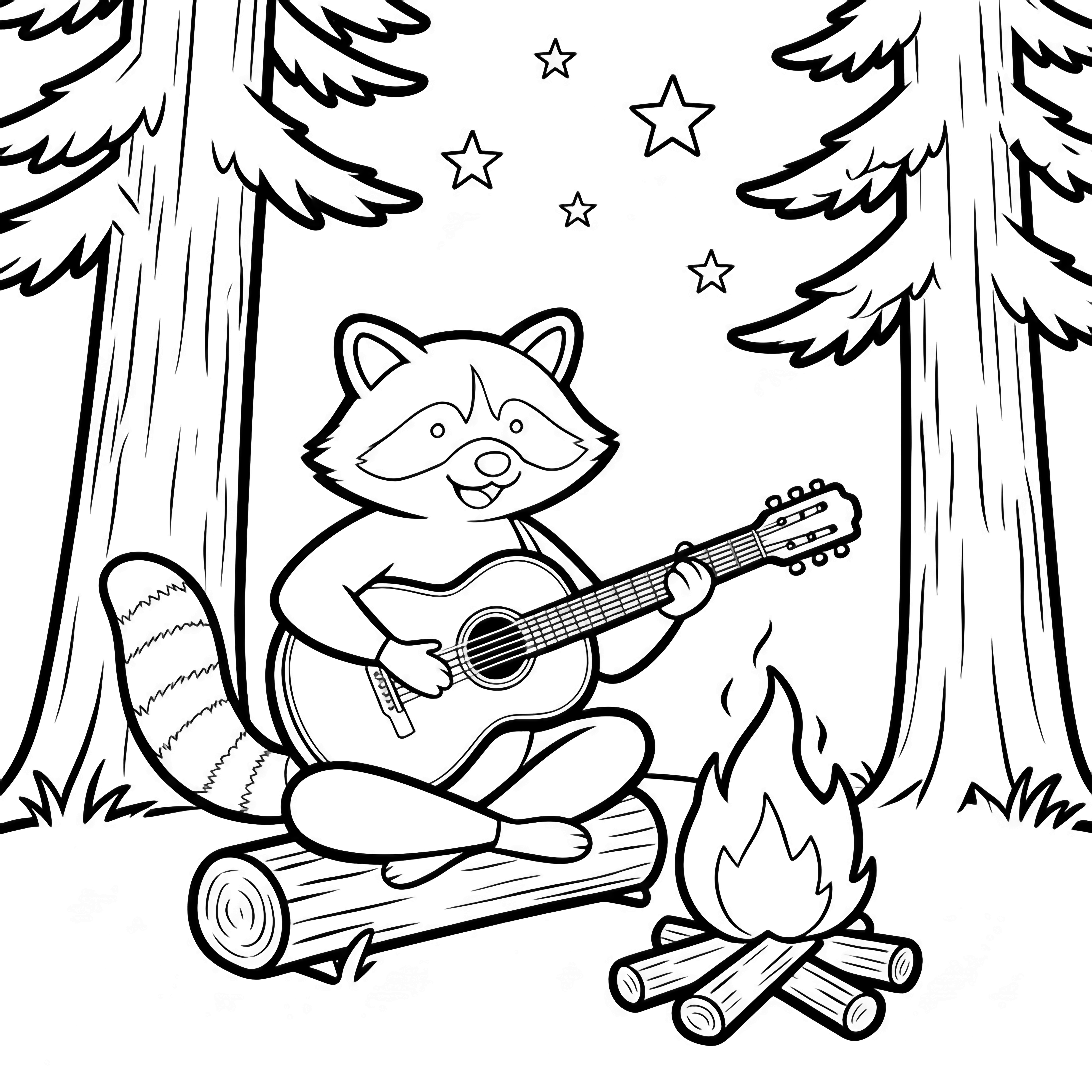 Smiling raccoon sits cross-legged strumming a round acoustic guitar beside a simple campfire; two logs cross beneath tall pine trunks with stars overhead kleurplaat