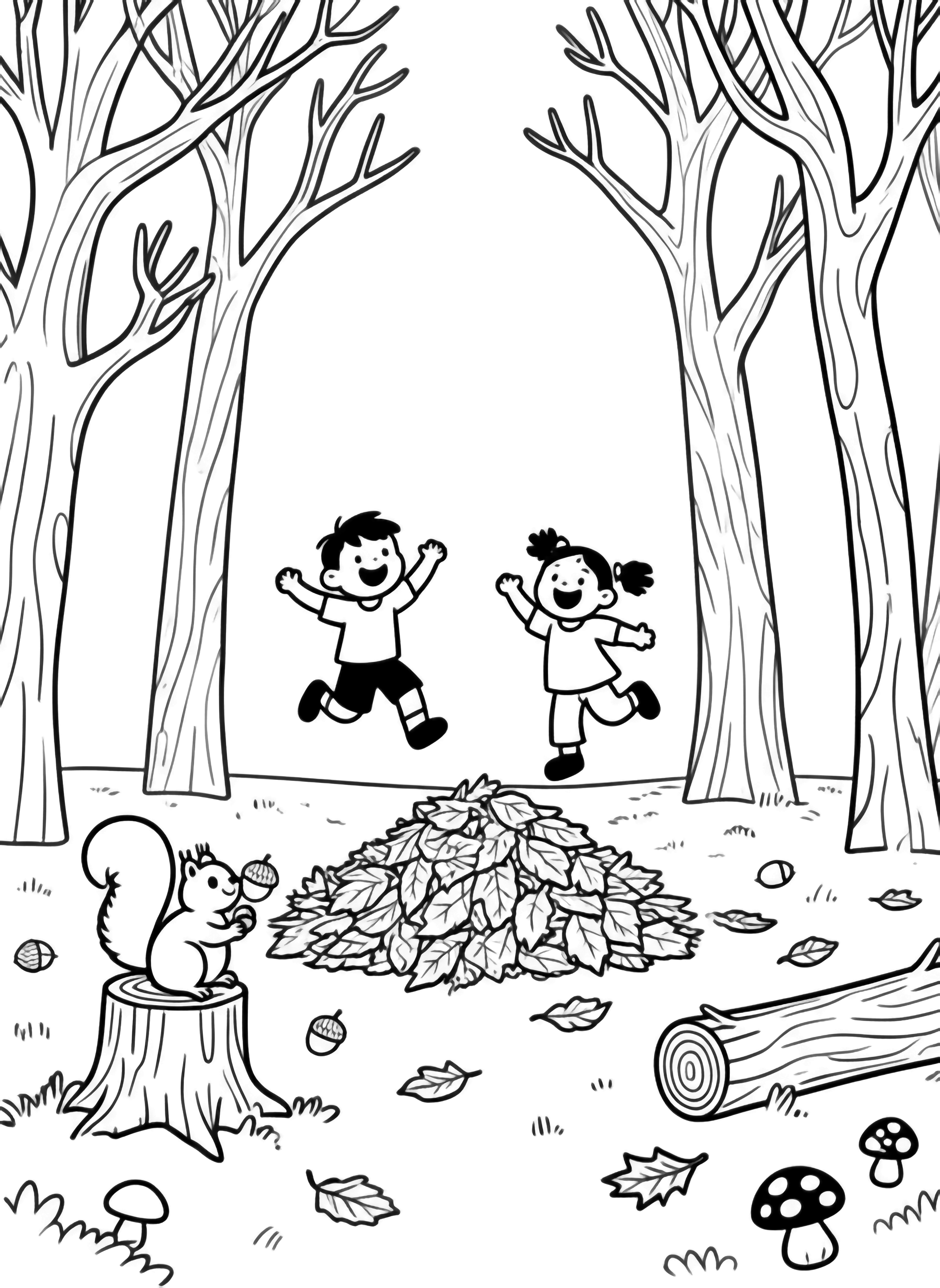illustration on a Towering trees with bare twisty branches frame a wide forest floor; children laugh mid jump above fluffy leaf piles; curious squirrels perch on stumps clutching acorns; scattered leaves drift mushrooms and fallen logs complete the playful open full page scene clean black kleurplaat