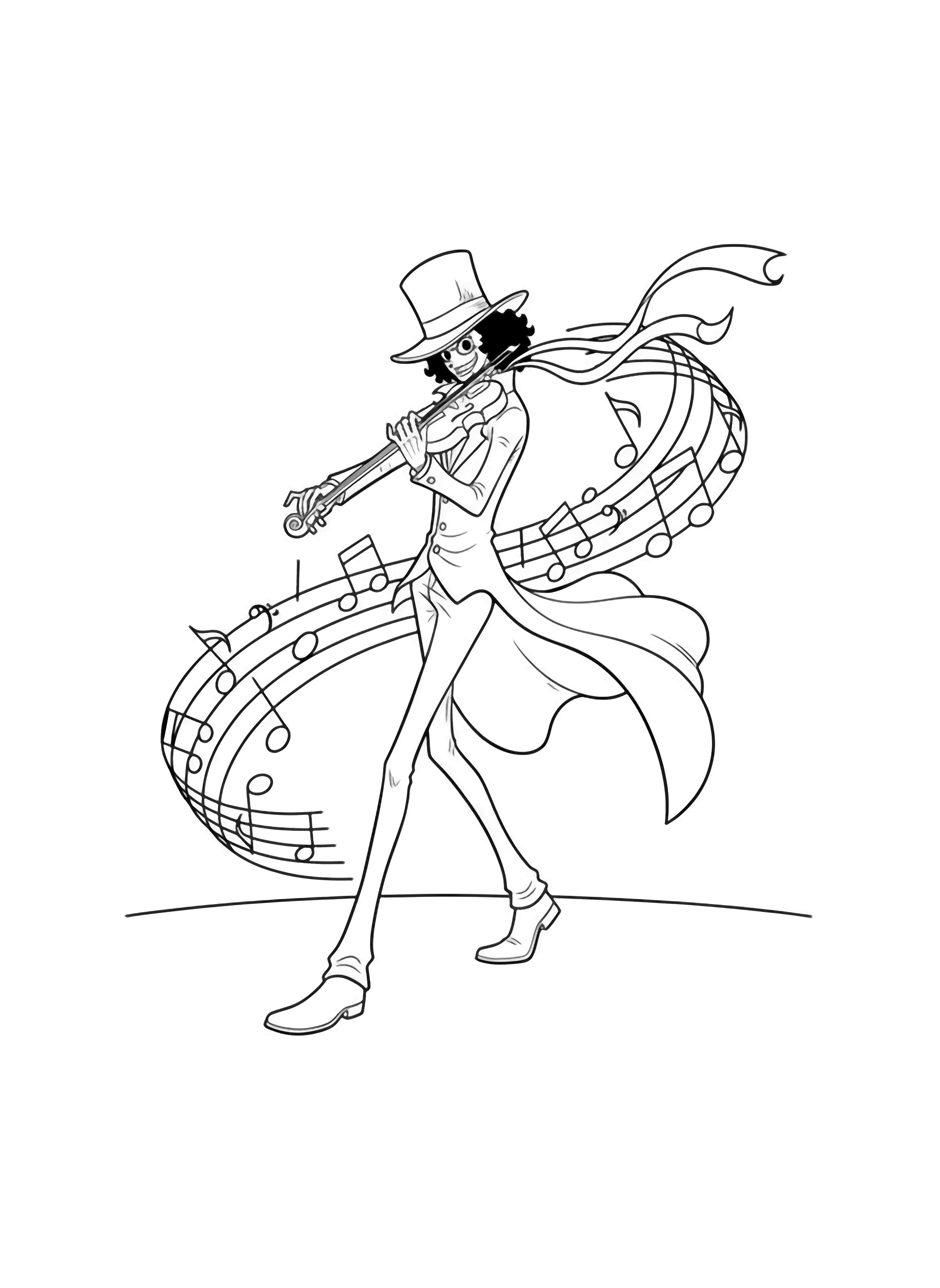 Een magere violist midden in een pas op het podium, de lint van zijn hoge hoed wapperend, jasvliezen in de lucht, strijkstok gereed, muzieknoten die achter hem rondzweven. kleurplaat